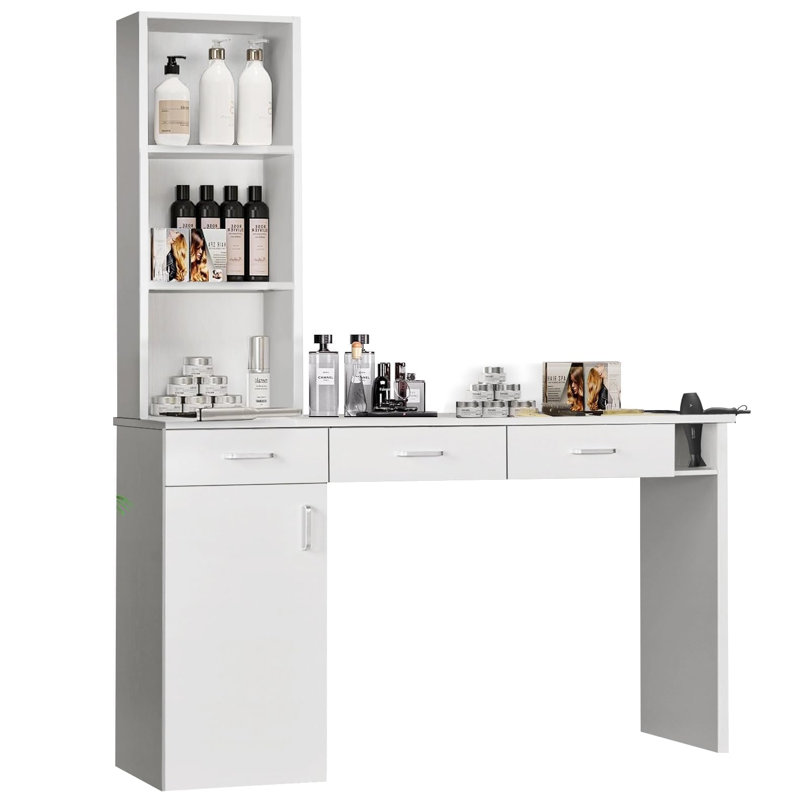Professional Barber Station for Hair Stylists - Salon Wall Mount Cabinet with Hair Dryer Holder & Storage Drawers - White - Perfect for Home Salons, Barber Shops & Beauty Studios