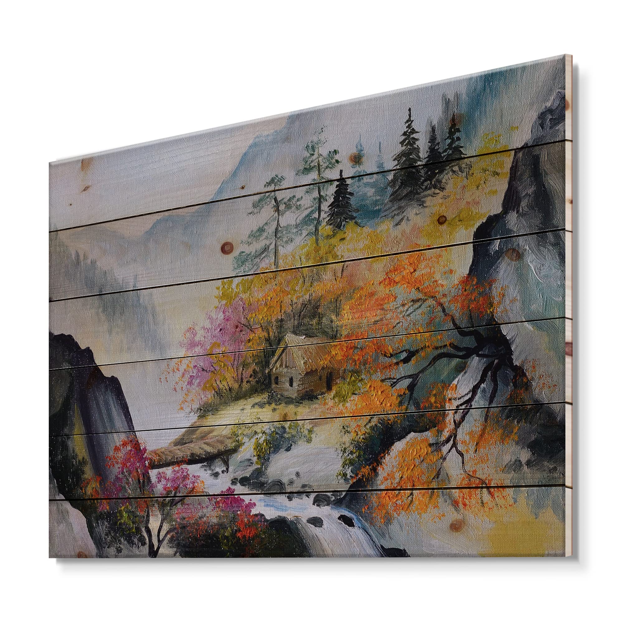 DesignQ Little House in Vibrant Mountain Landscape - Traditional Wood Wall Art Decor - Orange Wood Panel Print on Natural Pine - Large Landscape Wall Hanging for Living Room, Bedroom & Office Decor