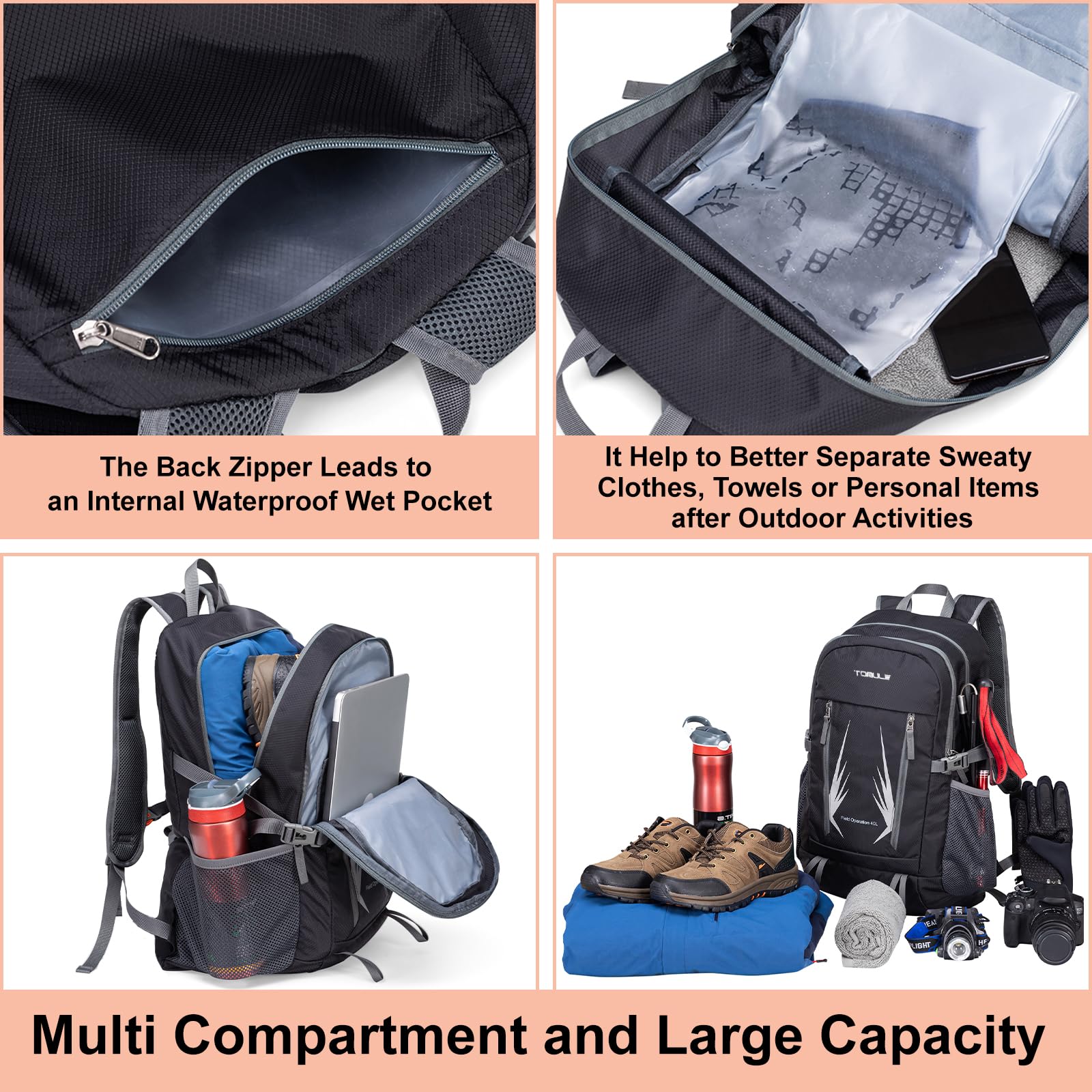 **TOMULE 40L Waterproof Day Hiking Backpack for Women - Lightweight Travel Backpack with Adjustable Straps, Perfect for Outdoor Adventures, Camping & Daily Commute**