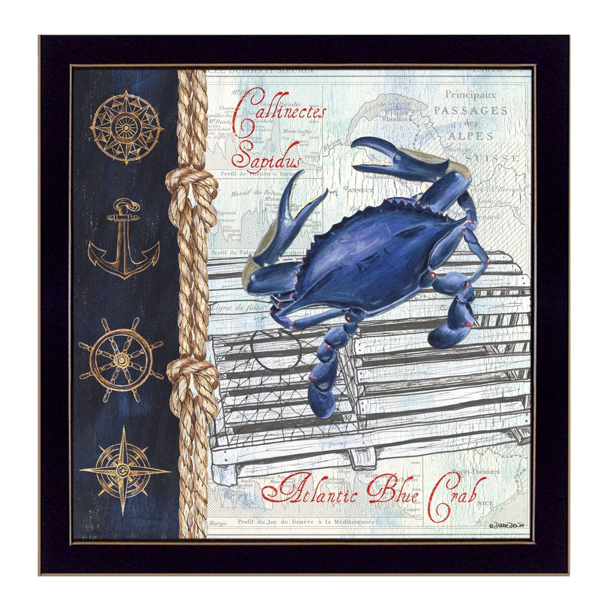Atlantic Blue Crab Wall Art by Debbie DeWitt - Ready to Hang Framed Coastal Decor with Black Frame - Perfect for Beach House, Living Room & Office Decor