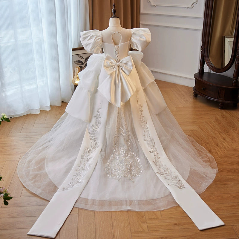 Princess Round Neck Floor Length Satin Flower Girl Dress for Weddings - White Flower Girl Dress for Bridal Party, First Communion, Pageants & Special Occasions