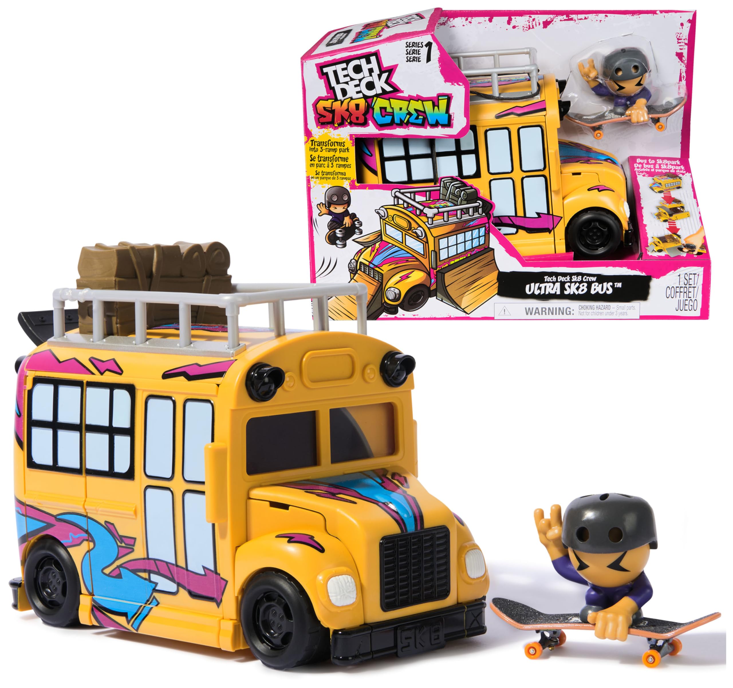 TECH DECK Sk8 Crew 2-in-1 Transforming Ultra Sk8 Bus & Storage Case with Fingerboard & Figure - Collectible Mini Skateboard Toy for Kids Ages 5+ - Perfect for Playtime, Collecting & Displaying Skateboard Tricks