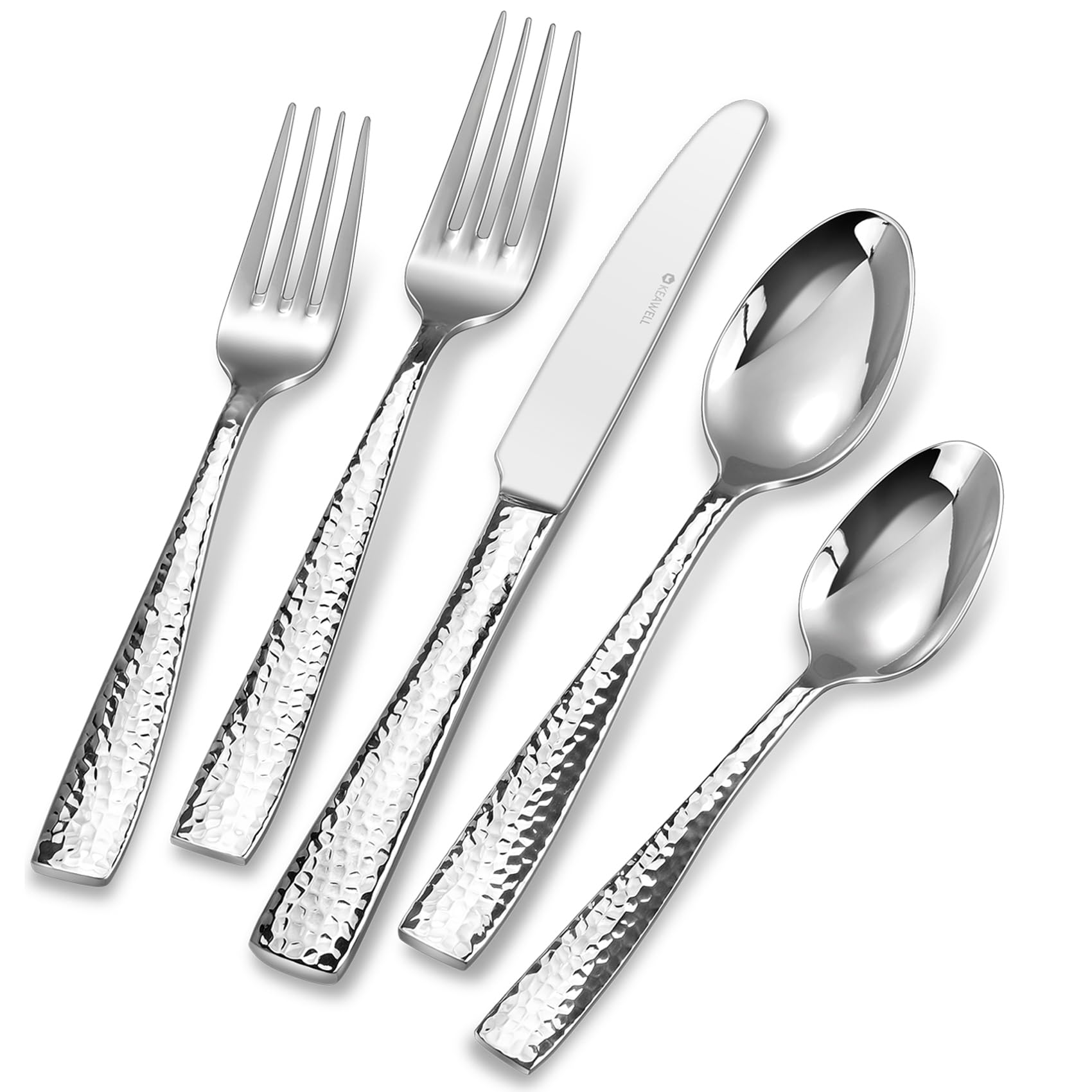 Premium KEAWELL 65-Piece Louis Hammered Silverware Set - 18/10 Stainless Steel Flatware with Squared Edge - Service for 12 - Dishwasher Safe - Elegant Dining Set for Restaurants, Weddings & Dinner Parties