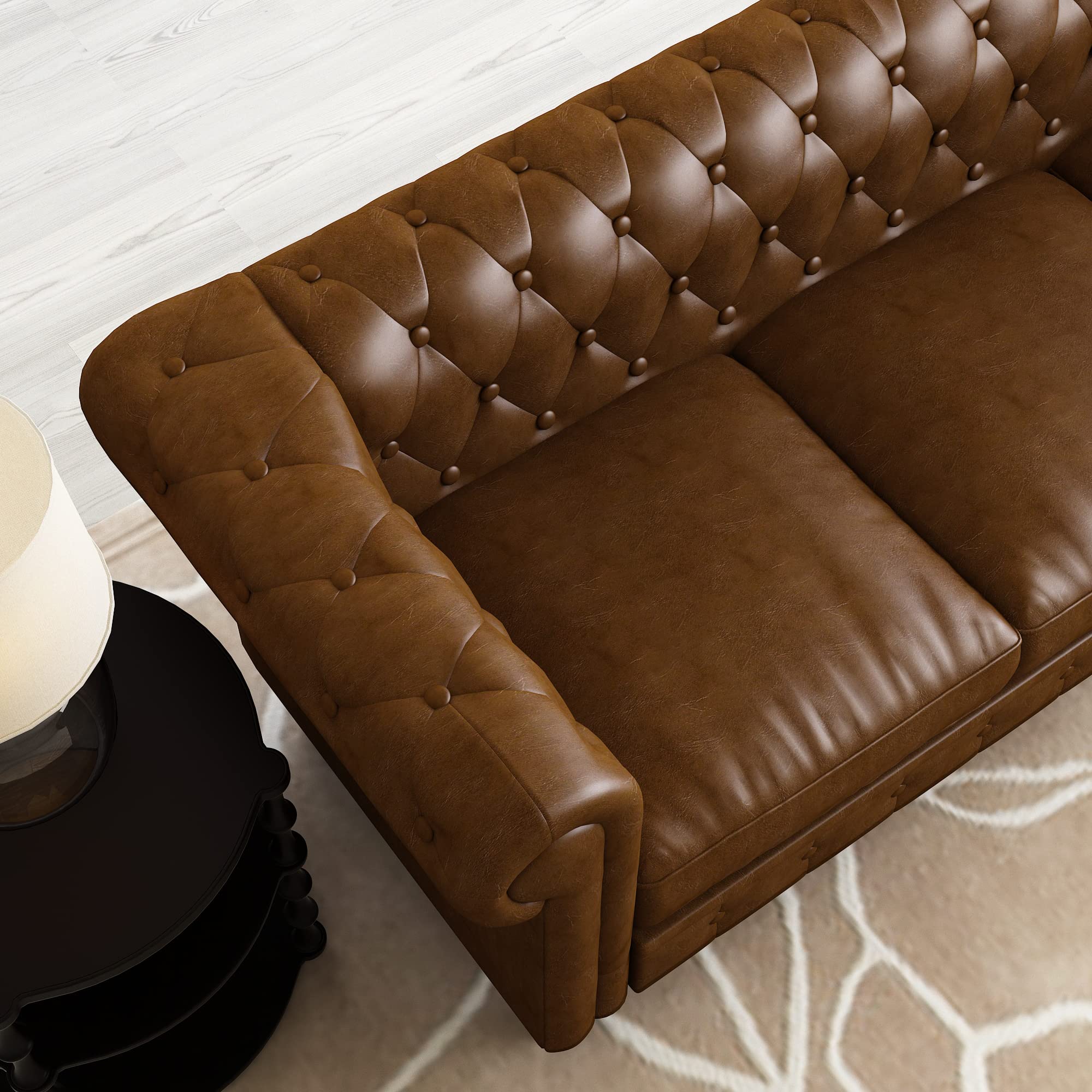 Yoglad Chesterfield Sofa - Faux Leather Rolled Arm 3-Seater Couch with Sturdy Wooden Frame | Perfect for Living Room, Bedroom & Apartment Decor | Classic Brown Leather Sofa for Cozy Home & Office Lounge