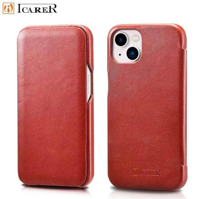 iCarer Premium Genuine Leather Flip Case for iPhone 13 - Slim Protective Wallet Cover with Card Slots | Perfect for Business & Travel Use