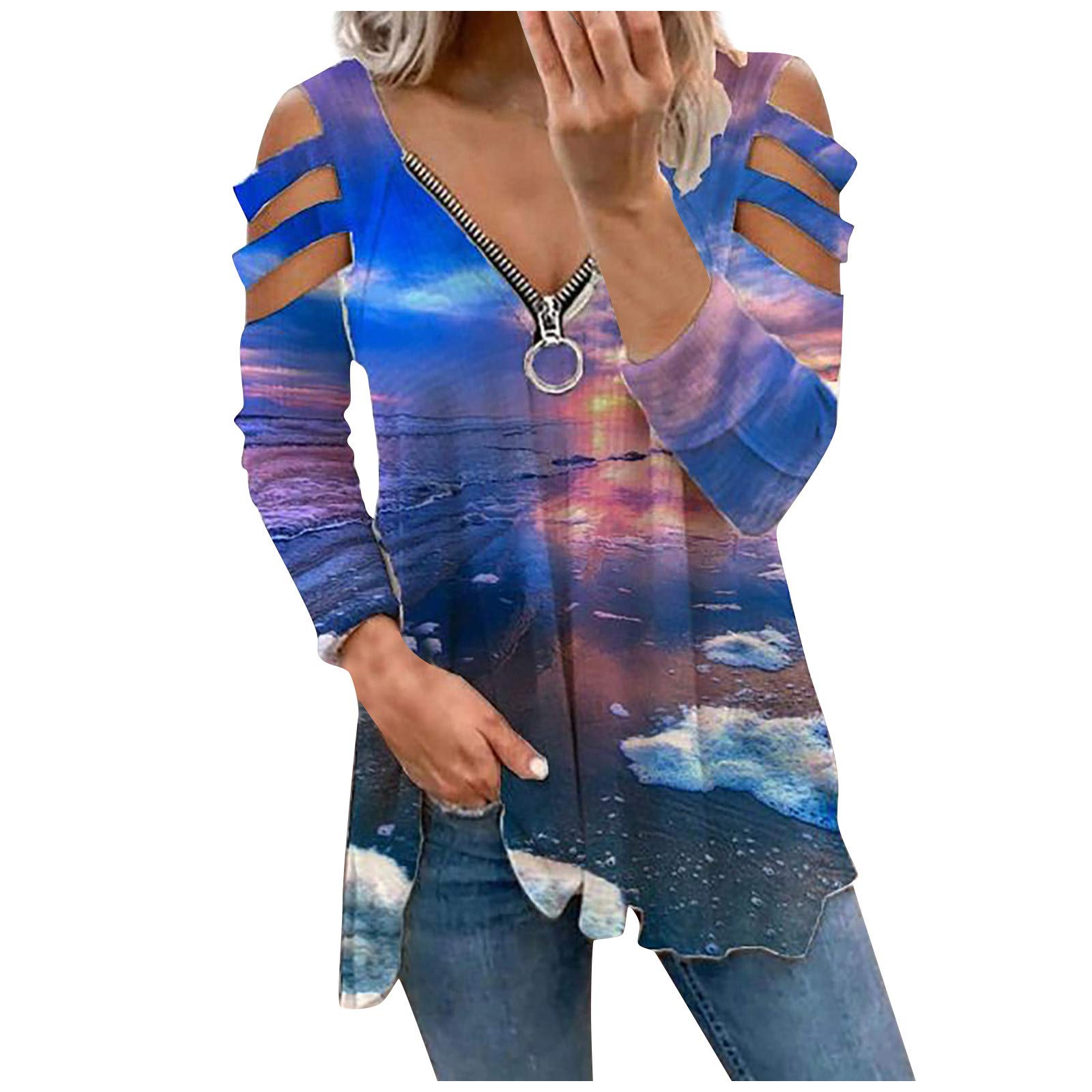 Women's Cold Shoulder Tops - Short Sleeve Zipper Tunic Shirt with Funny Print & Scoop Neck | Summer Blouse for Casual Wear, Date Night & Beach Outfits