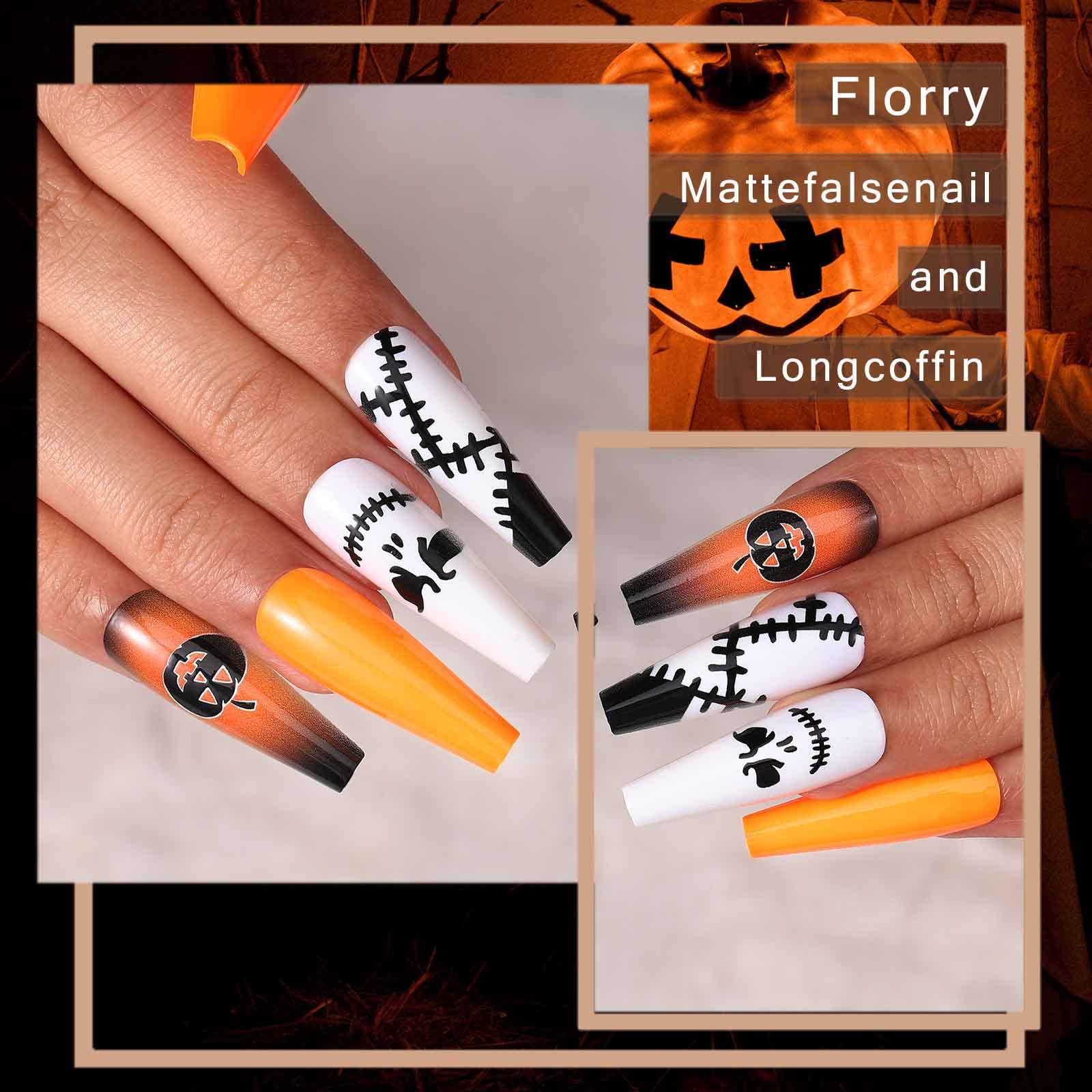 Florry Halloween Extra Long Press on Nails - Black Matte Coffin Fake Nails for Women & Girls (30Pcs, Pumpkin Design) | Perfect for Halloween Parties, Cosplay & Spooky Nail Art