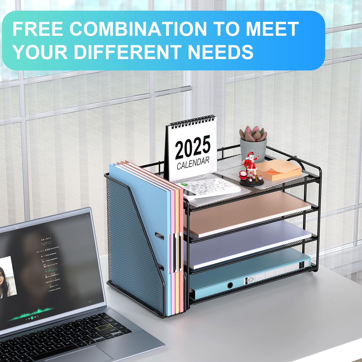 4-Tier Paper Organizer with Magazine Holder - Black Desk Organizer for Office Supplies, Files & Workspace Accessories | Perfect for Home Office, School & Workspace Organization