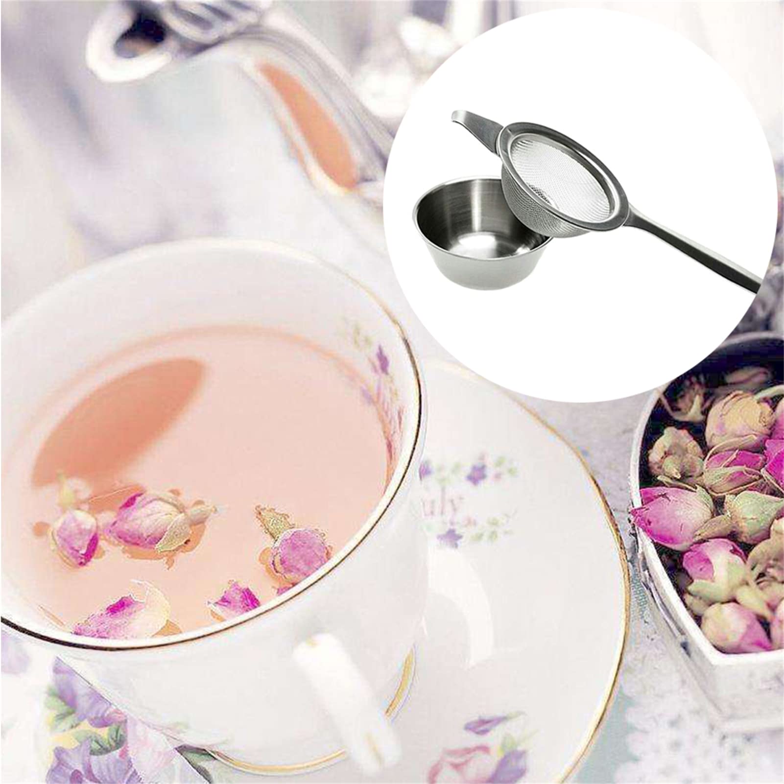 Premium Stainless Steel Fine Mesh Strainer with Long Handle - Mini Tea Strainer with Dripping Bowl for Straining Teas, Cocktails, Sifting Flour, Sugar, Spices & Herbs - Perfect for Home Bar, Kitchen & Tea Brewing (Silver)