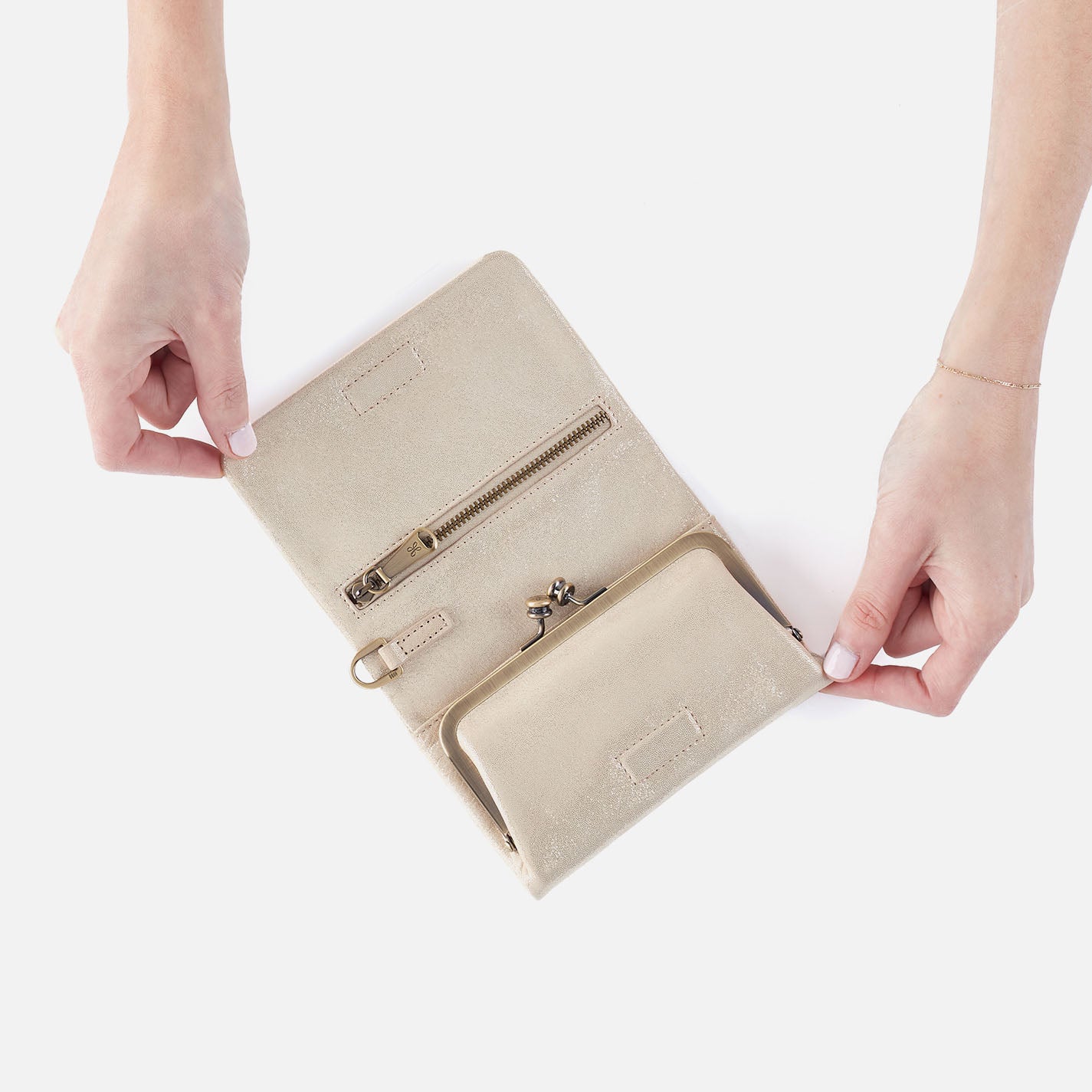 Ross Bead Wristlet in Metallic Leather - Sand Shimmer | Trendy Women's Clutch Purse for Evening Parties, Weddings & Special Occasions