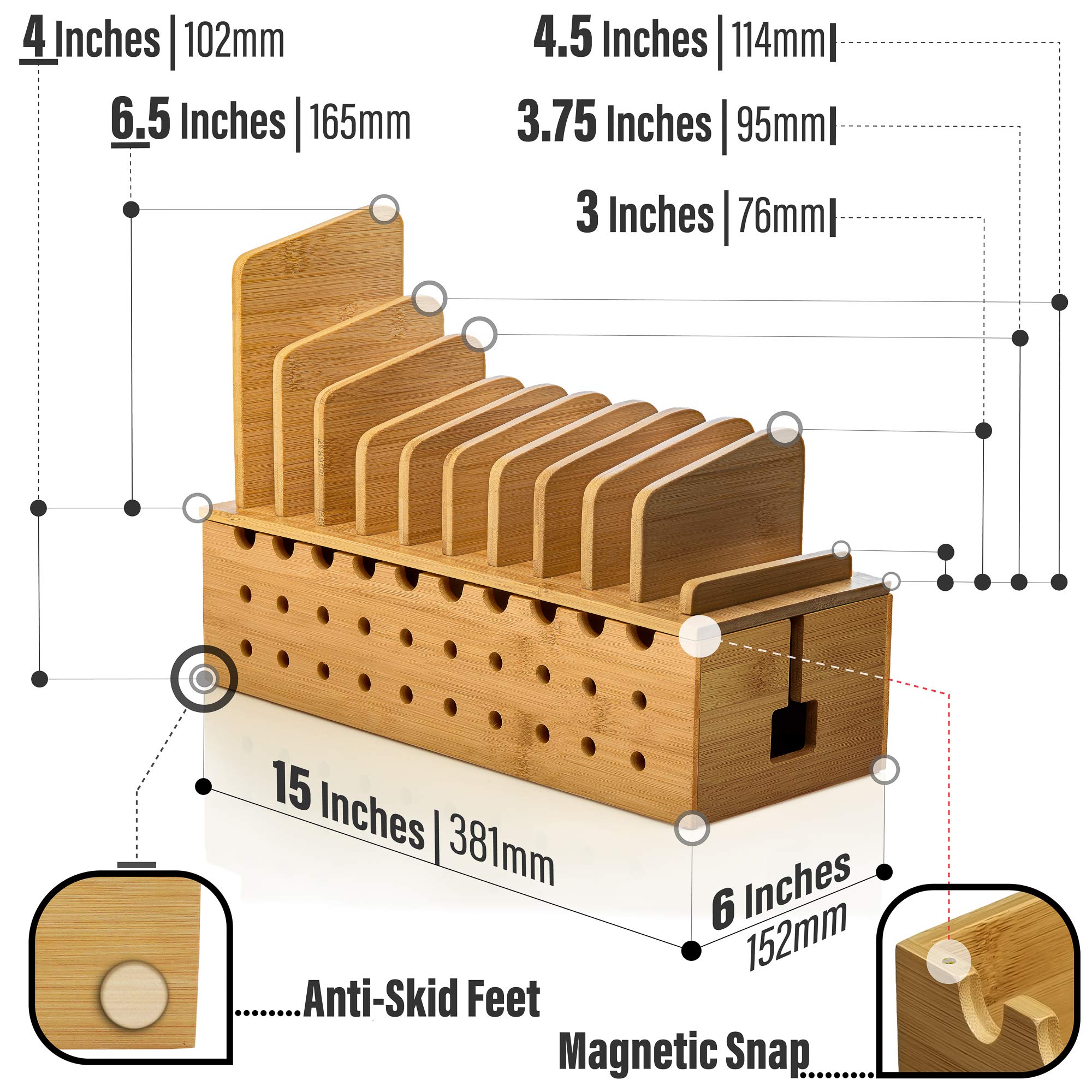 Premium Bamboo Charging Station for 10 Devices - Multi-Port USB Charger with Cable Management Box - Perfect for Home Office, Bedroom & Travel - Organize Smartphones, Tablets & Electronics
