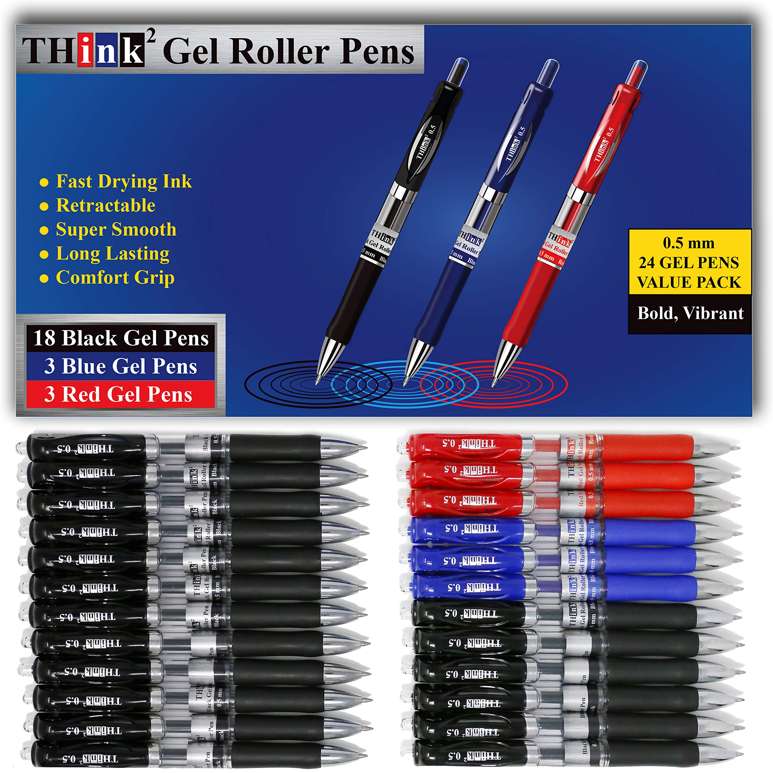 Think2Master Retractable Gel Pens - 24 Pack (18 Black, 3 Red, 3 Blue) 0.5mm Fine Point Rollerball Pens with Comfort Grip for School, Office & Note Taking - Smooth Writing Gel Ink Pens for Students & Professionals