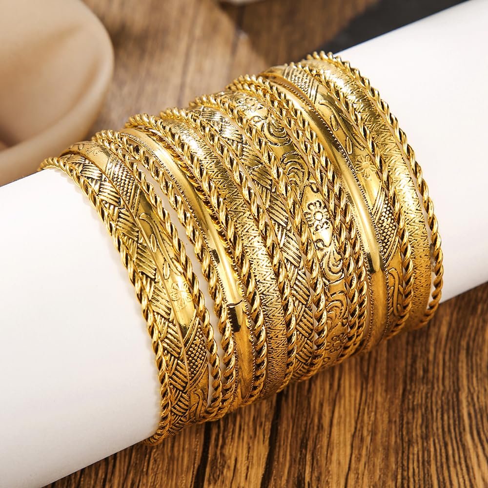16Pcs Gold Bangle Bracelets for Women - Multi Layer Stackable Textured Boho Jewelry Set | Elegant Bracelets for Daily Wear, Parties, and Gifts