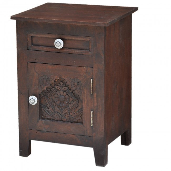 Hand Carved Solid Wood French Style Nightstand - Rustic Brown Bedside Table for Bedroom Decor | Perfect for Master Bedroom, Guest Room & Apartment
