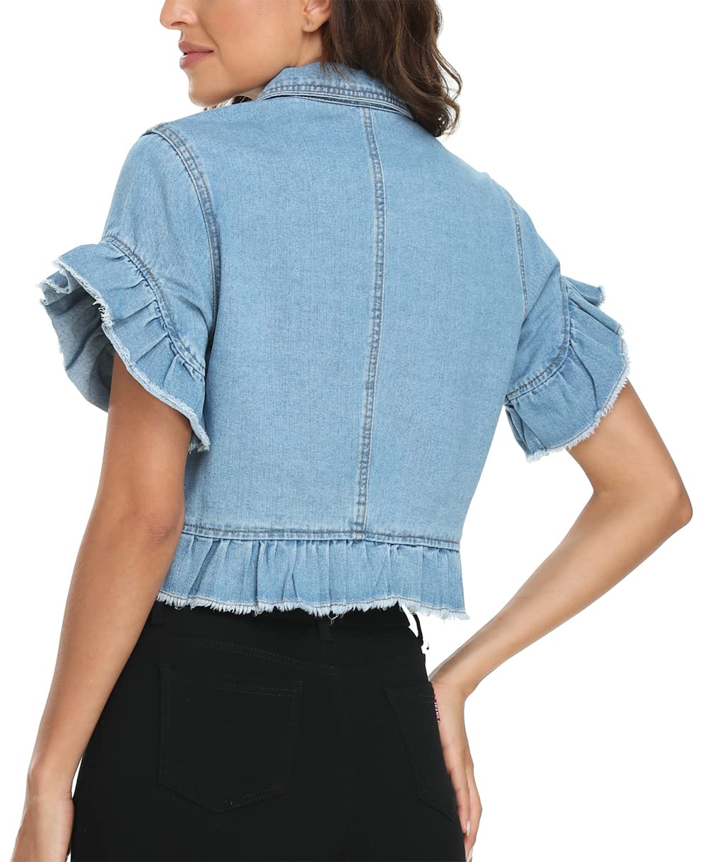 MISS MOLY Women's Distressed Cropped Denim Jacket with Ruffle Sleeves & Button Down - Stylish Summer Jean Jacket for Casual Outfits, Date Nights & Outdoor Activities