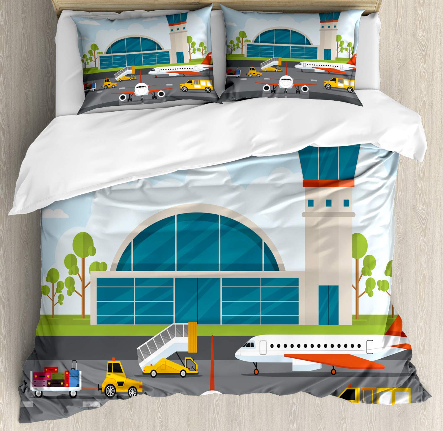 Ambesonne Airport Themed Duvet Cover Set - Cartoon Airfield Design with Tower, Planes & Cars, 3-Piece King Size Bedding Set with 2 Pillow Shams, Multicolor | Perfect for Aviation Enthusiasts & Kids' Room Decor