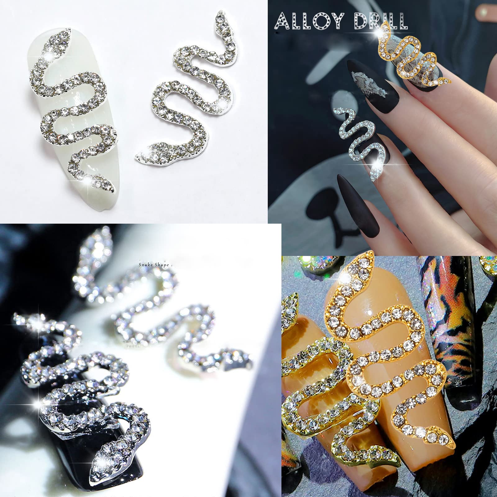 3D Retro Alloy Snake Nail Charms with Rhinestones - Gold & Silver Snake Wave Nail Studs, Crystal Diamonds for Acrylic Nails - DIY Nail Art Decorations for Halloween, Gothic Parties & Nail Salon Designs