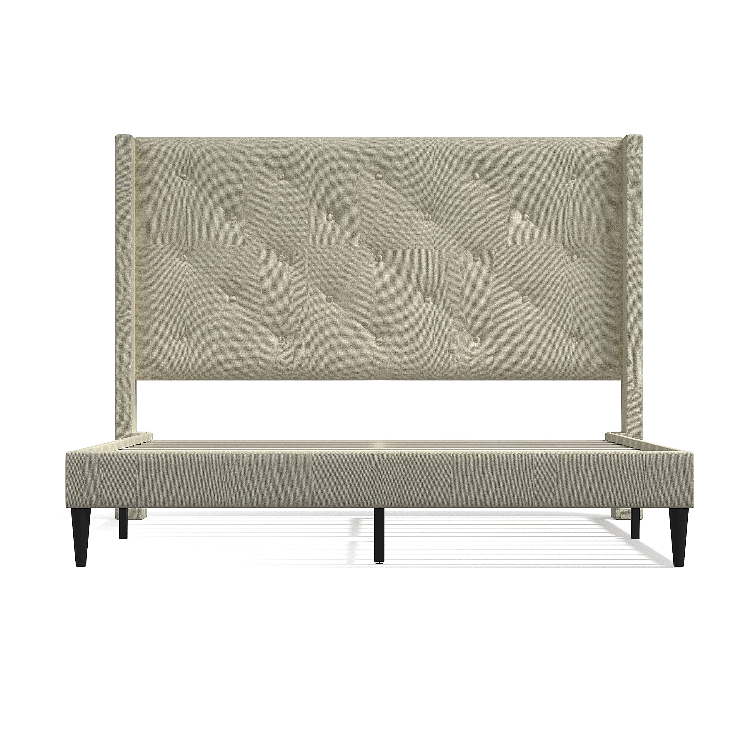 Glenwillow Home Huppe Upholstered Platform Bed Frame - Queen Size Mid Century Modern Wingback Design with Button Tufted Headboard, No Box Spring Needed, Easy Assembly in Beige | Perfect for Master Bedrooms, Guest Rooms & Modern Apartments