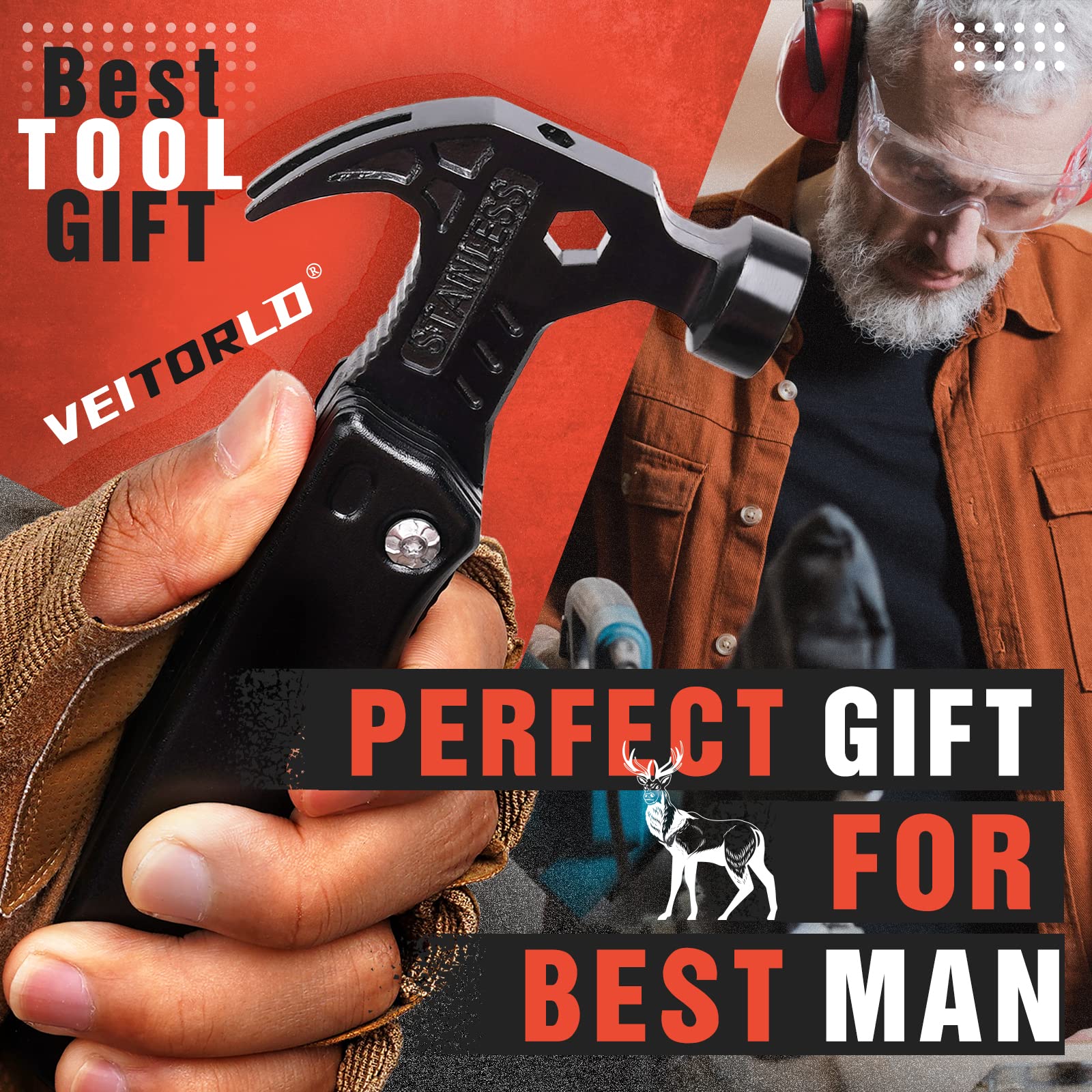 VEITORLD All-in-One Hammer Multitool - Best Birthday Gift for Dad, Grandpa, Father's Day Present from Kids & Grandchildren - Durable Camping Accessories & Outdoor Gadgets (Perfect for DIY Projects, Hiking, and Home Repairs)