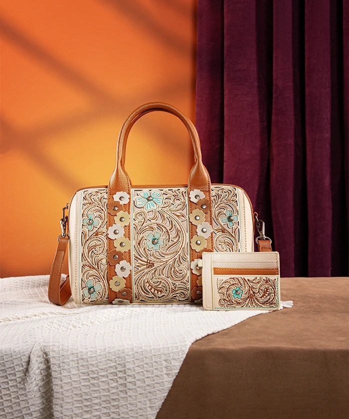 Montana West Embroidered Floral Cut Out Boston Bag Set - Stylish Leather Shoulder Purse for Women, Perfect for Work, Travel & Everyday Use