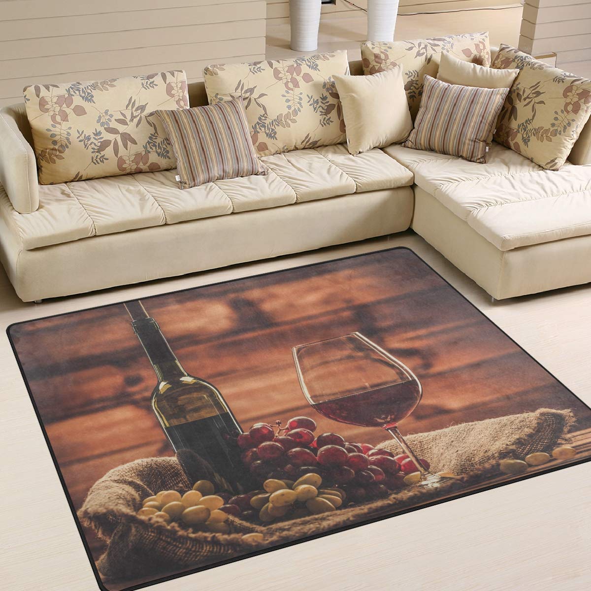Vintage Red Glass Grape Fruit Basket Design 7' x 5' Area Rug - Handmade Wooden Accent Rug for Living Room, Bedroom, Dining Room | Boho Home Decor & Farmhouse Style Floor Covering