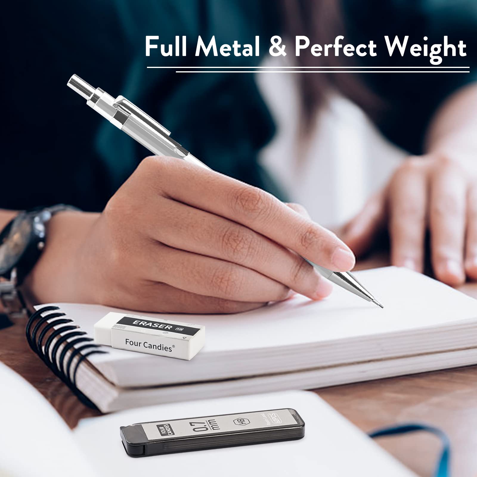 0.7mm Mechanical Pencil Set with Case - 4 Metal Pencils, 8 HB #2 Lead Refills, 3 Erasers & 9 Eraser Refills for Writing, Drawing, Sketching & Note Taking - Perfect for Students, Artists & Office Use