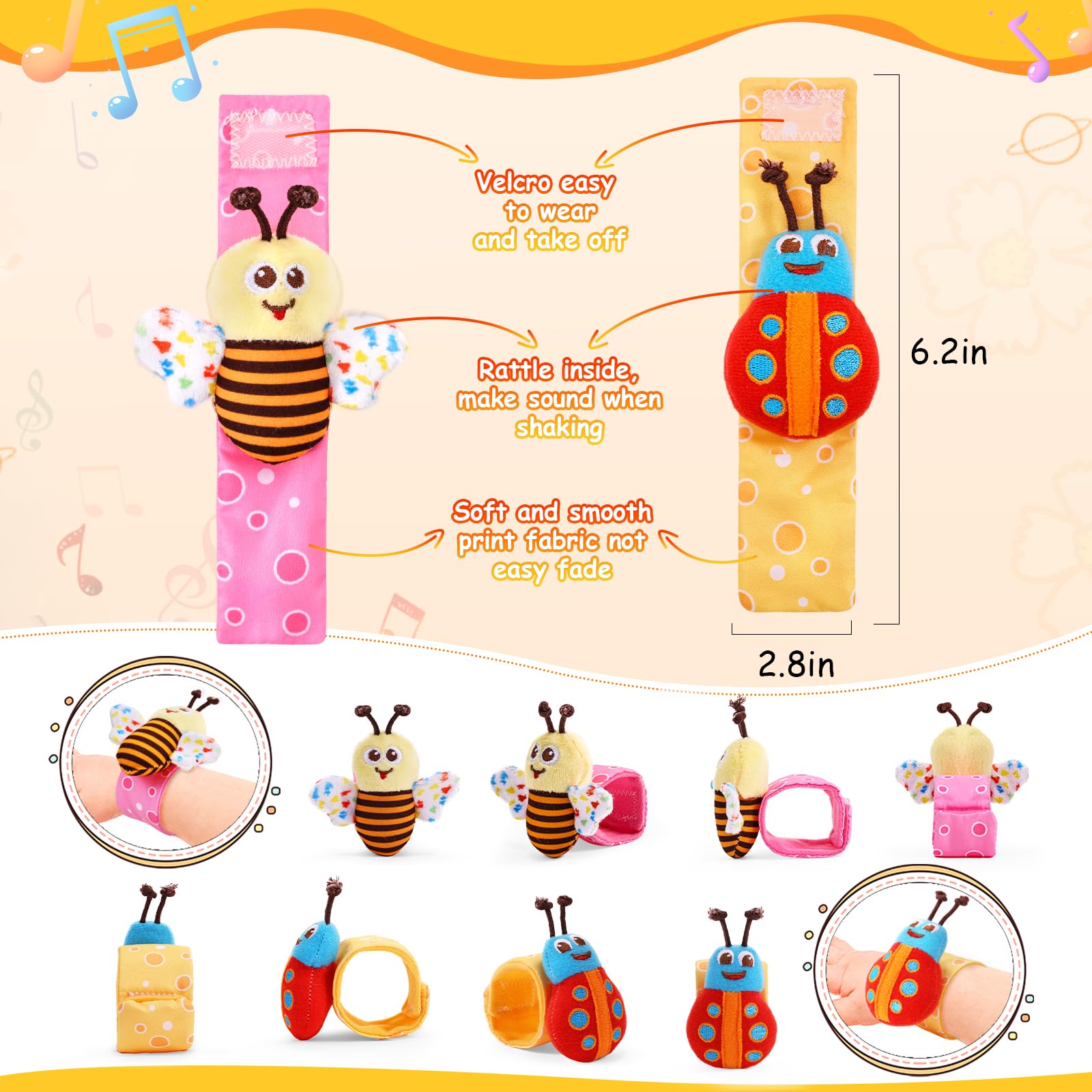 Adorable Baby Wrist Rattle Socks & Foot Finder Set - Soft Infant Toys for 0-12 Months (Unisex) - Perfect Newborn Hand & Foot Rattles for 3-9 Month Olds - Ideal Baby Shower & Easter Gift for Boys & Girls - Great for Tummy Time & Sensory Development