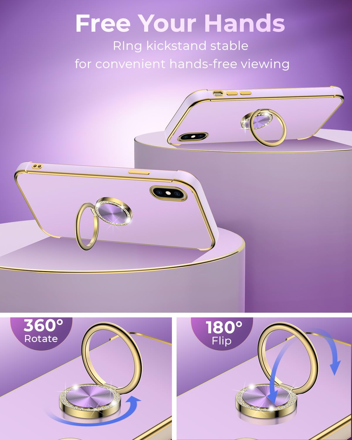 Premium Luxury Electroplated iPhone Xs Max Case with Ring Holder Stand & Lanyard - Soft TPU Shockproof Protective Cover for Women & Girls (Purple) - Perfect for Daily Use, Travel, and Hands-Free Convenience
