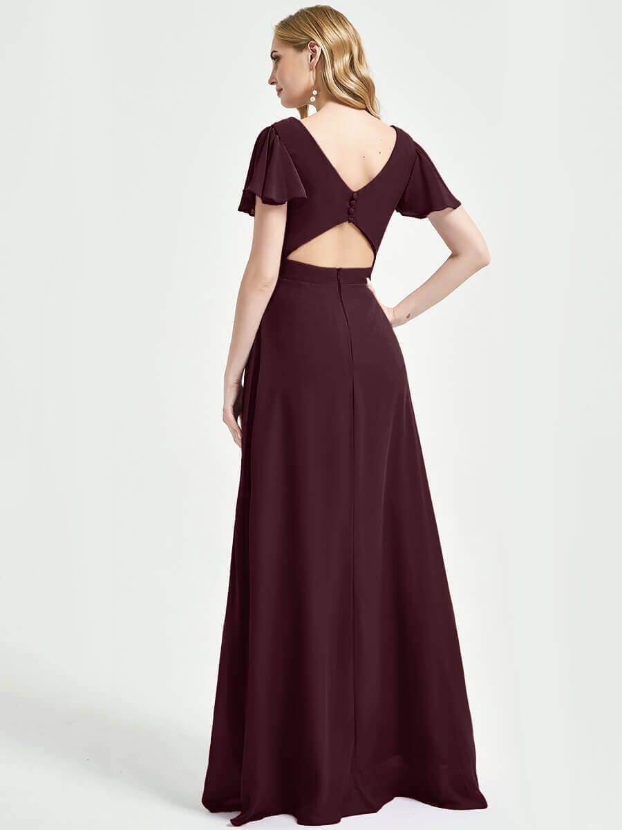 Elegant Cabernet Ruffle Sleeve Backless Maxi Chiffon Dress for Bridesmaids | Empire Waist Formal Gown | Perfect for Weddings, Prom & Evening Events