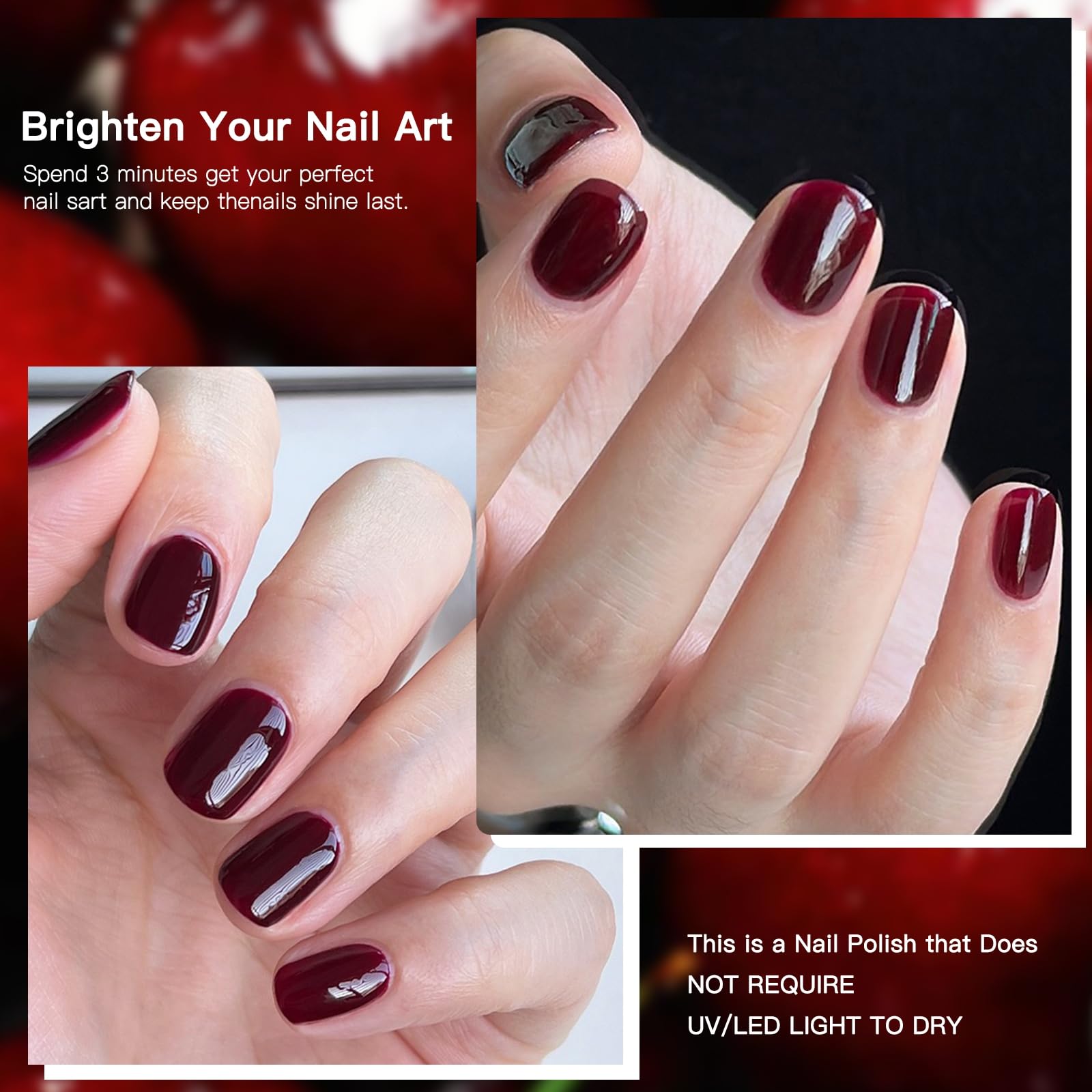 COSMOO Cherry Red Quick Dry Nail Polish - Long Lasting Wine Red Nail Lacquer for Nail Art | Fast Air Dry Formula for Salon Quality Manicures at Home | Perfect for Parties, Weddings & Everyday Wear