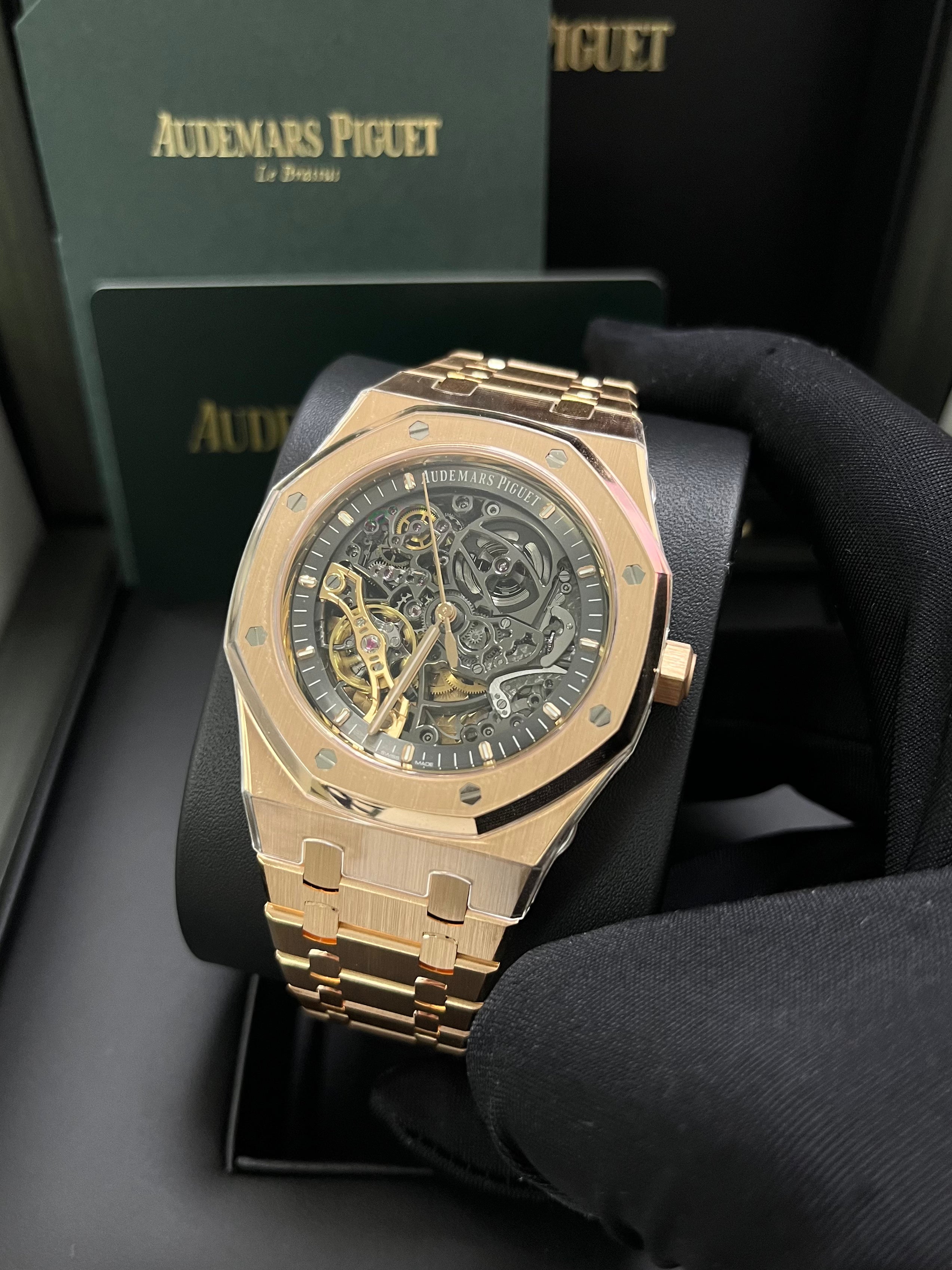 Audemars Piguet Royal Oak 41mm Rose Gold Skeleton Watch with Double Balance Wheel - Ref 15407OR.OO.1220OR.01 - Luxury Openwork Timepiece for Men, Perfect for Business Meetings & Formal Events