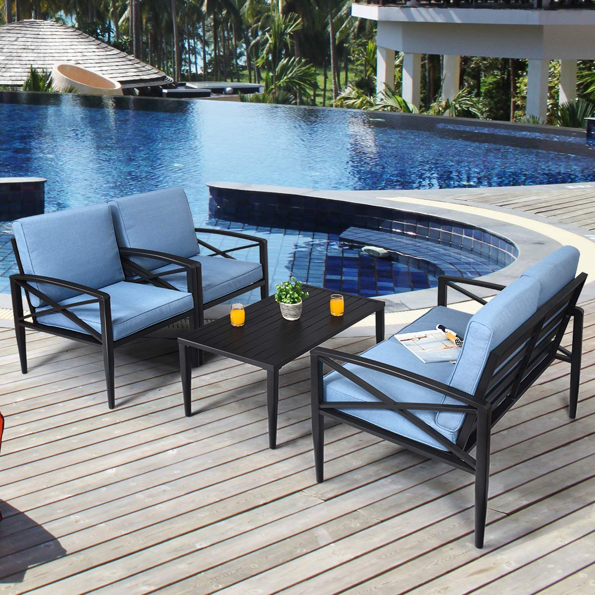 Tangkula 8-Piece Outdoor Patio Furniture Set - 2 Loveseats, 4 Single Sofas & 2 Coffee Tables with Cushions - Durable Aluminum Garden Conversation Set for Backyard, Poolside, Deck or Terrace (Blue)