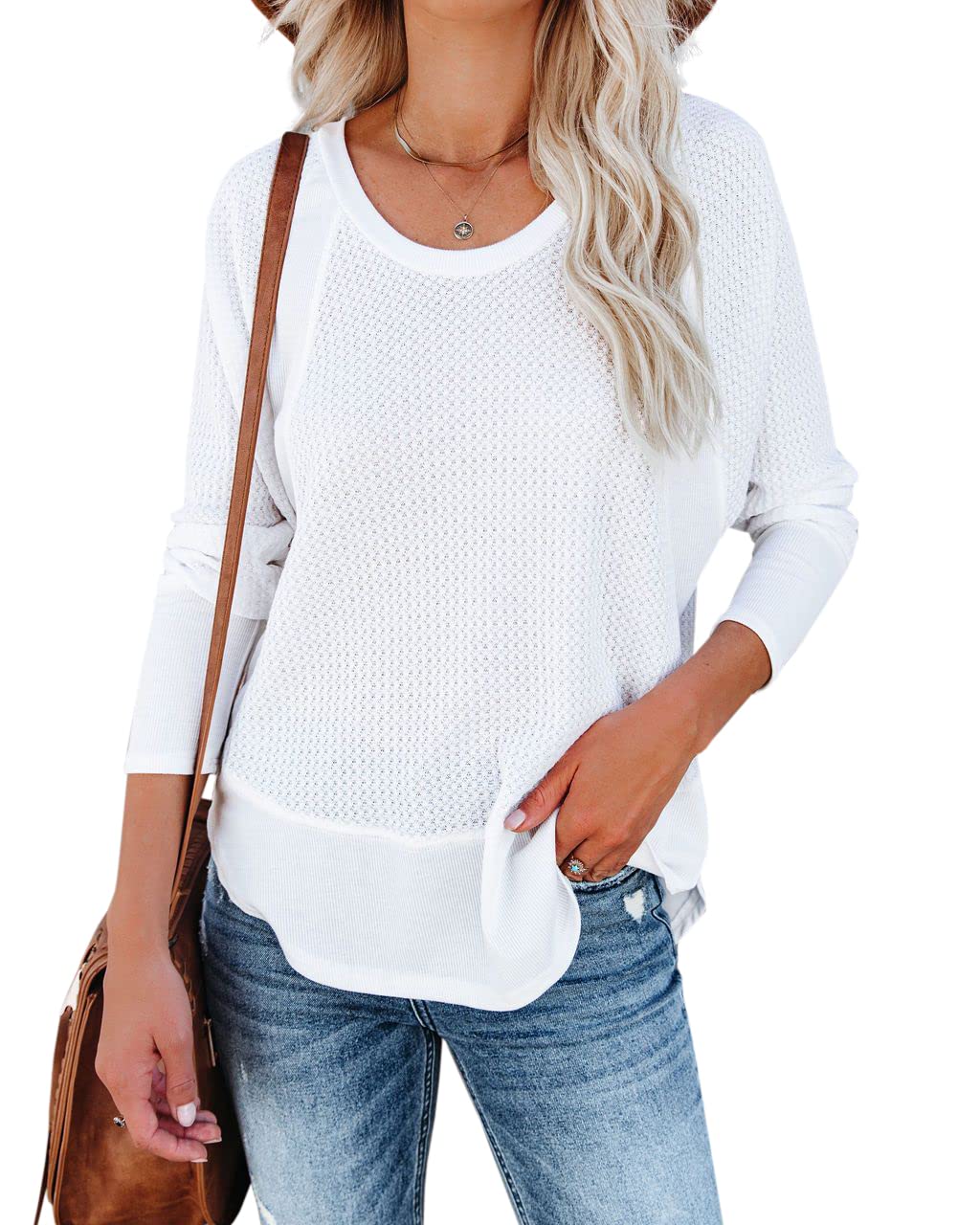 LAMISSCHE Women's Oversized Long Sleeve Waffle Knit Top - Crewneck Raglan Tunic Pullover Shirt for Workout, Casual Wear & Loungewear | Patchwork Design, Baggy Fit, Comfortable Daily Outfits