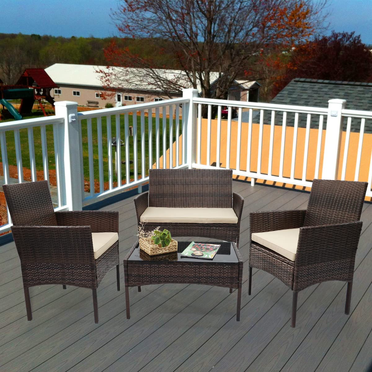 VANCIKI 4-Piece Outdoor Patio Furniture Set - Rattan Wicker Chairs & Table with Beige Cushions for Porch, Backyard, Garden - Black-Brown Conversation Set - Perfect for Relaxing, Entertaining & Outdoor Dining