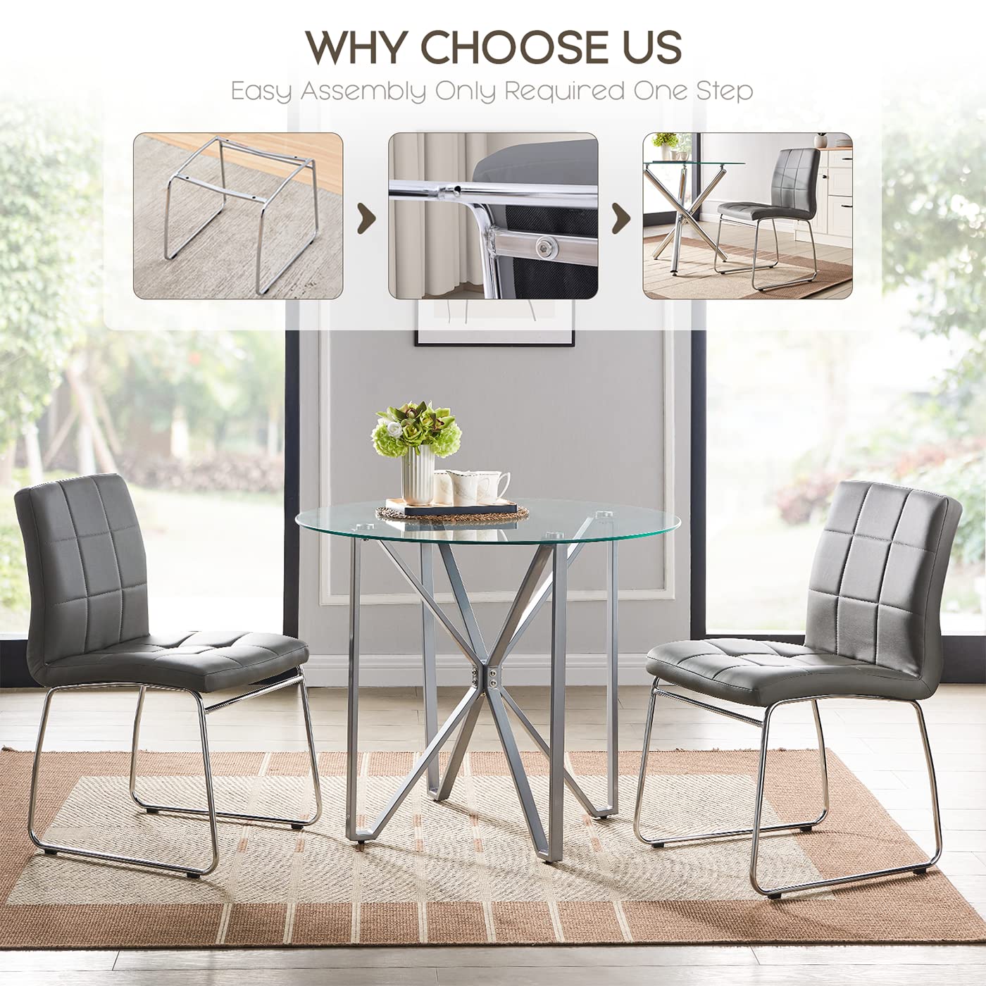 Modern Grey Faux Leather Dining Chairs Set of 2 - Comfortable Kitchen & Dining Room Chairs with Chrome Legs - Perfect for Home, Office, Restaurant & Waiting Areas