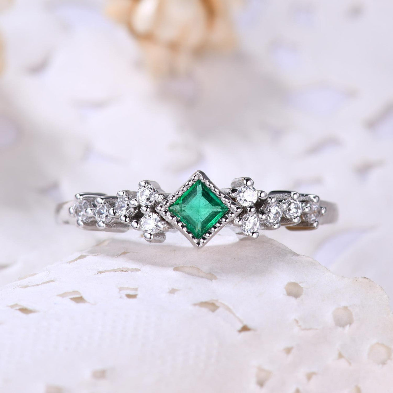 3.5mm Natural Emerald Square Cut Ring for Women - 14K White Gold Minimalist Everyday Jewelry - Perfect for Daily Wear, Office & Special Occasions