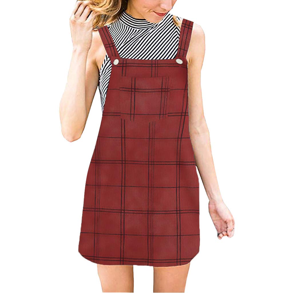 HHmei Women's Plaid Cute Strap Button-Up Straight Corduroy Overall Pinafore Dress - Perfect for Casual Outings, Workwear & Fall Fashion