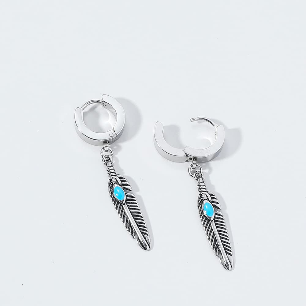 Turquoise Feather Dangle Earrings for Men & Women - Gothic Hoop Earrings, Kpop Punk Jewelry - Perfect for Parties, Concerts & Fashion Statements