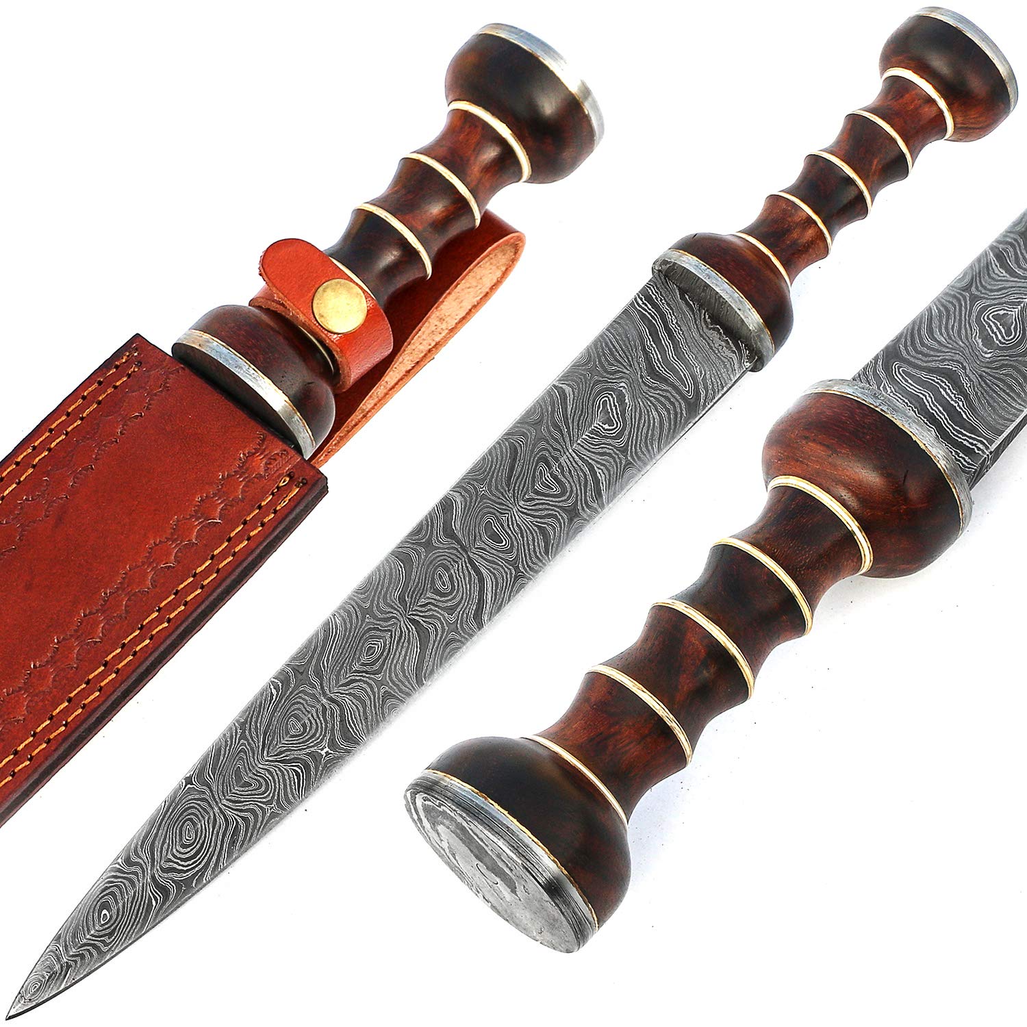 Handmade Damascus Steel Dagger Knife with Twist Pattern - 17 Inch Blade, Genuine Leather Sheath - Perfect for Collectors, Outdoor Survival & Medieval Cosplay
