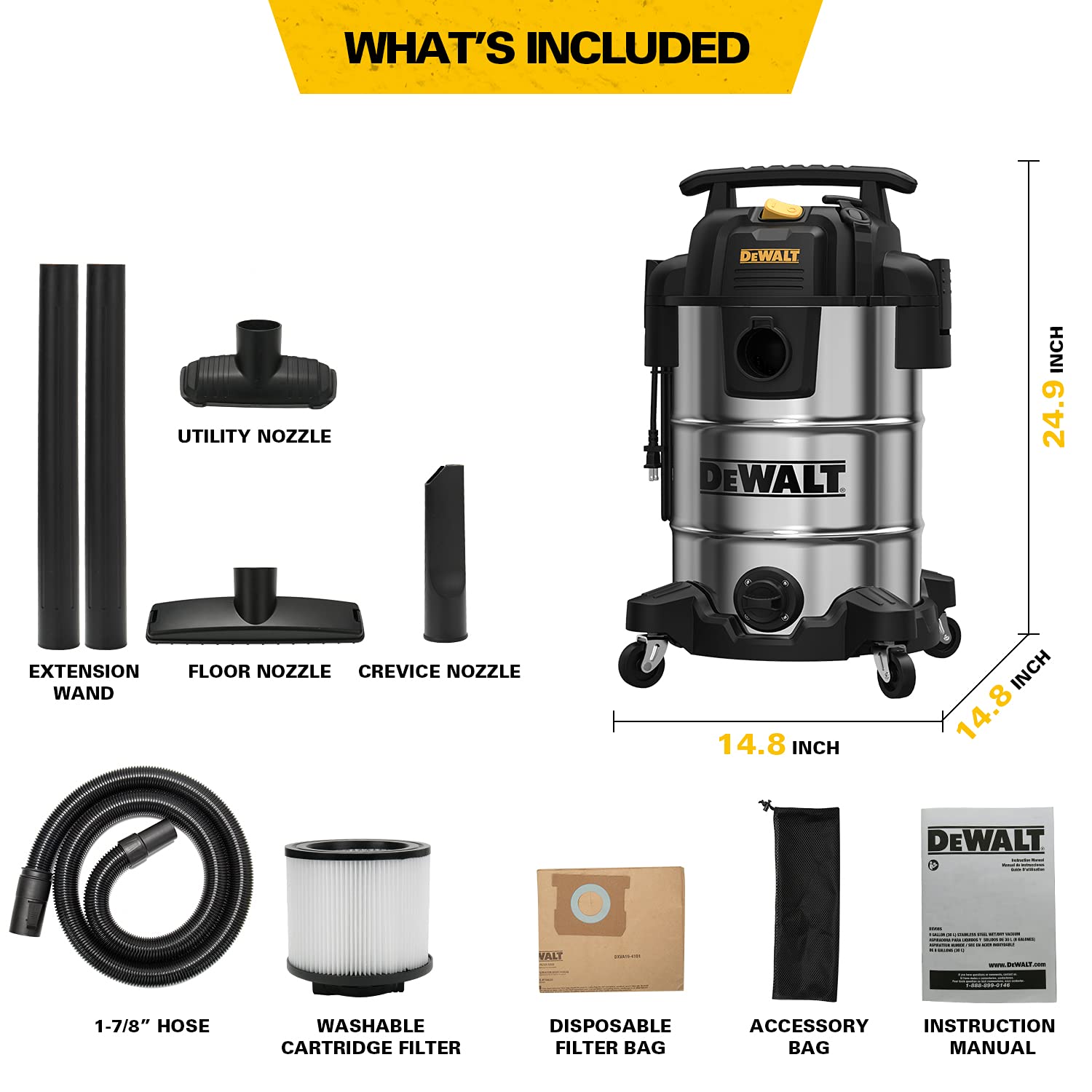 DEWALT DXV08S 8 Gallon Wet/Dry Vacuum Cleaner - 4 Peak HP Powerful Shop Vac with Stainless Steel Tank - Ideal for Home, Garage, Workshop, and Construction Site Cleaning