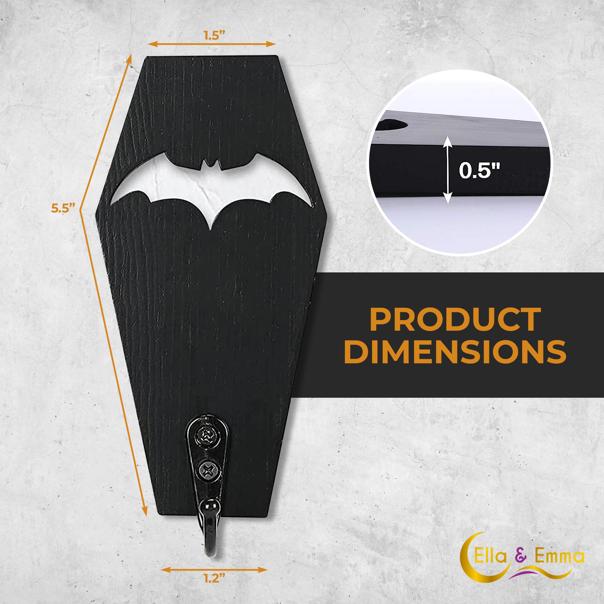 Ella & Emma Gothic Wall Mounted Coffin-Shaped Key Holder with Hook - Spooky Halloween Home Decor (2-Piece Set: Coffin & Bat) - Perfect for Entryway, Bedroom, or Halloween Party Decoration