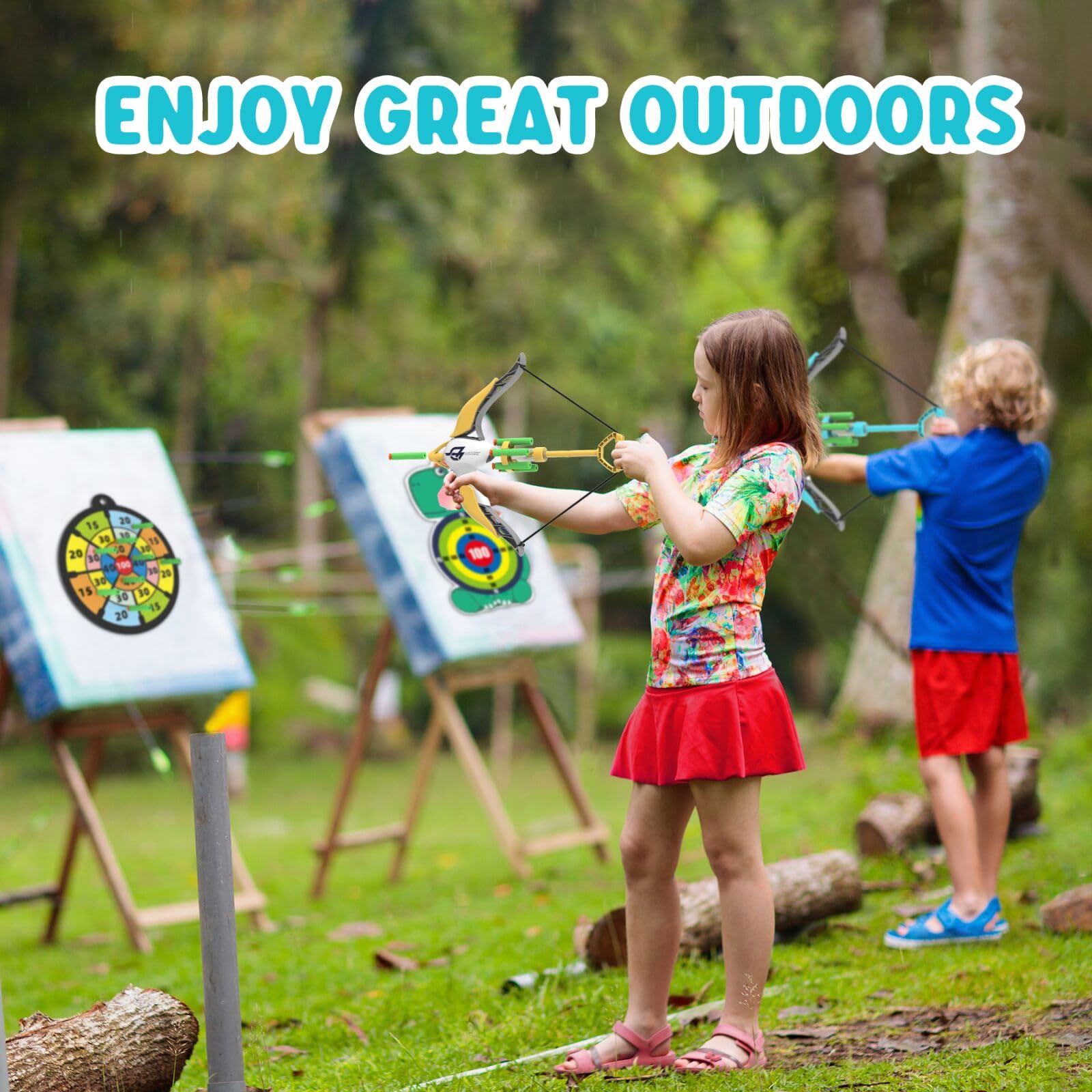 COSOOS 2 Pack Kids Bow and Arrow Set - Safe Archery Toy for Boys & Girls Ages 3-8 with 20 Suction Cup Arrows & 4 Targets - Indoor Outdoor Sports Game for Birthday Party, Backyard Play, and Camping Activities
