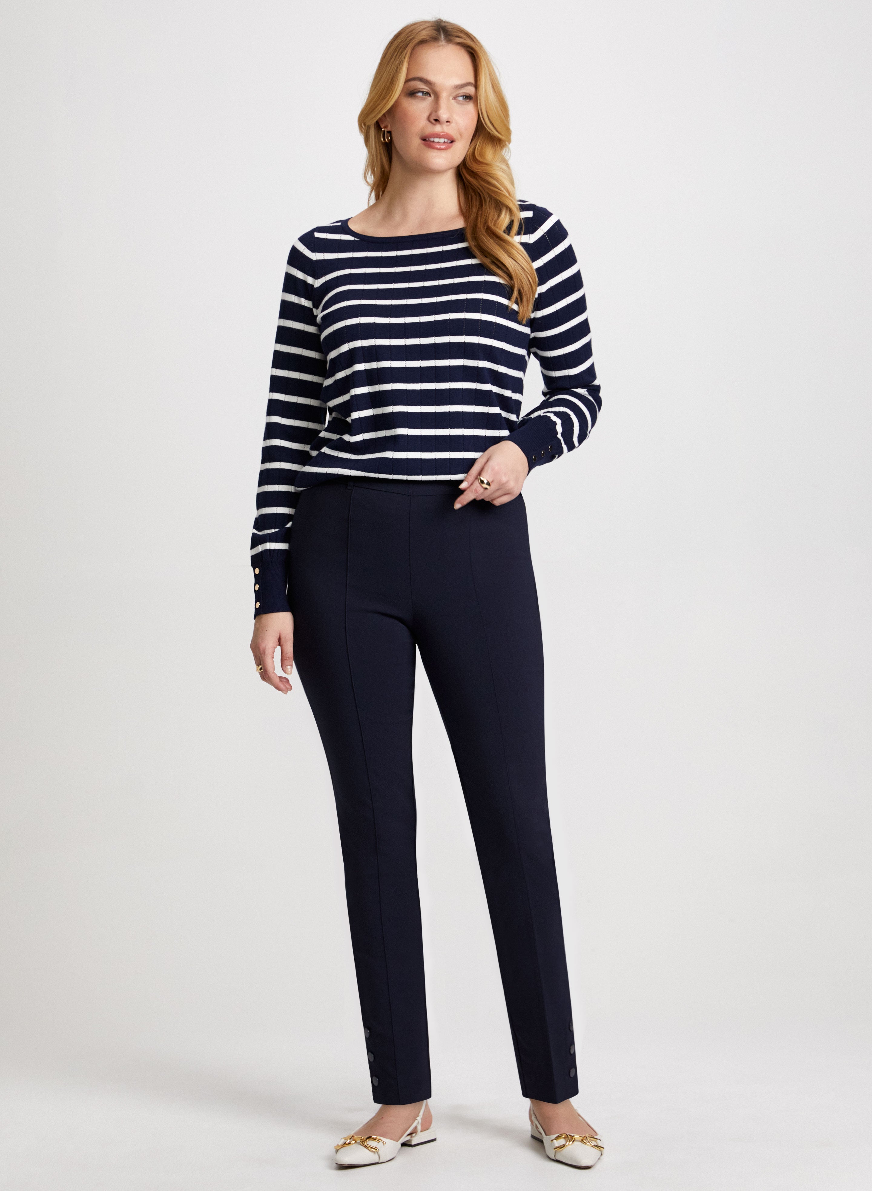 Stylish Striped Sweater & Slim Pull-On Ankle Pants Set - Women's Fashion Knitwear & Comfortable Casual Outfit for Fall/Winter, Office Wear or Weekend Brunch