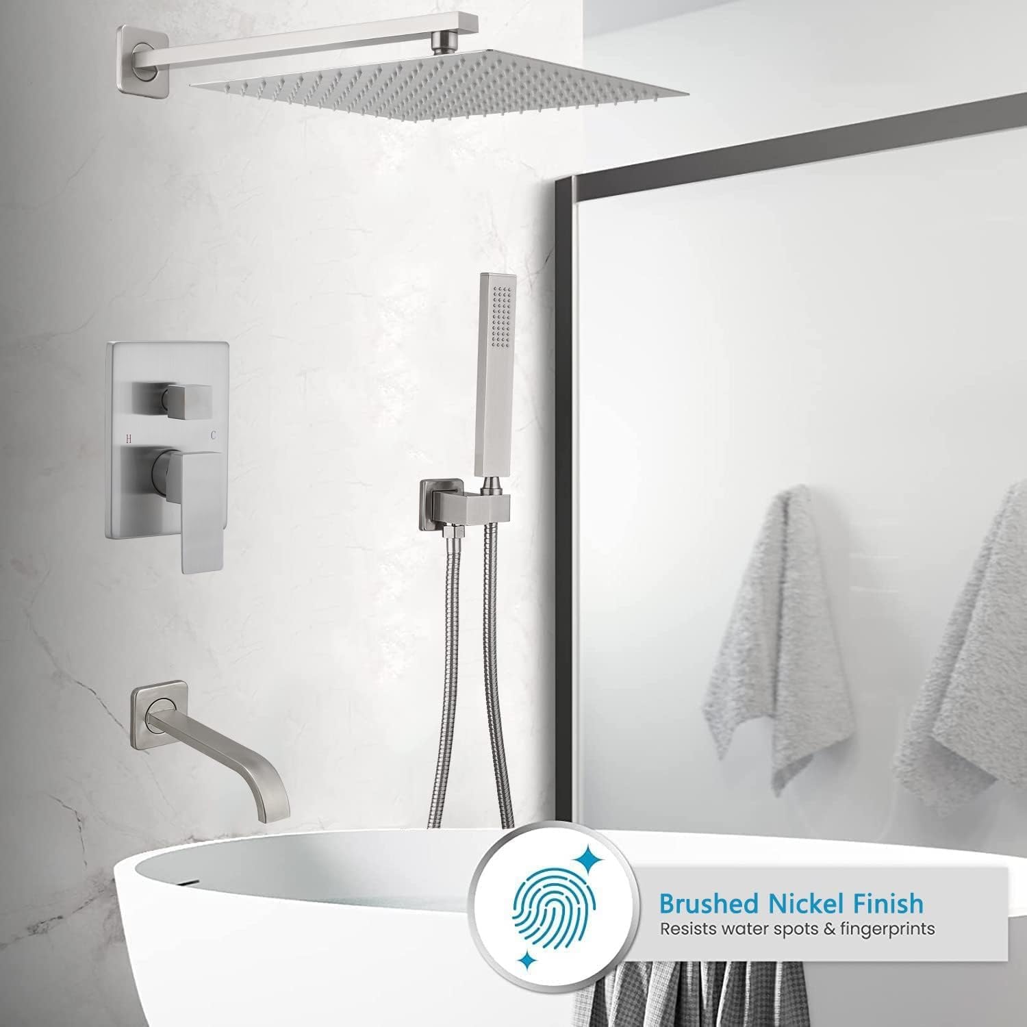 Brushed Nickel Rain Shower System - 12 Inch Square Rainfall Shower Head with Handheld Sprayer, Tub Spout & Rough-in Valve - Bathroom Shower Mixer Combo for Luxurious Spa Experience at Home