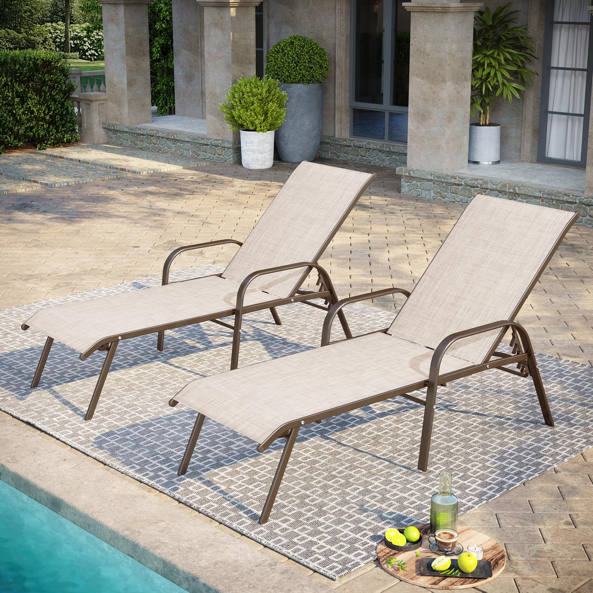 Adjustable Patio Chaise Lounge Chair - 5-Position Steel Folding Outdoor Recliner for Beach, Pool, Yard & Garden - 2-Piece Set in Beige - Perfect for Sunbathing, Relaxing by the Poolside or Backyard Lounging