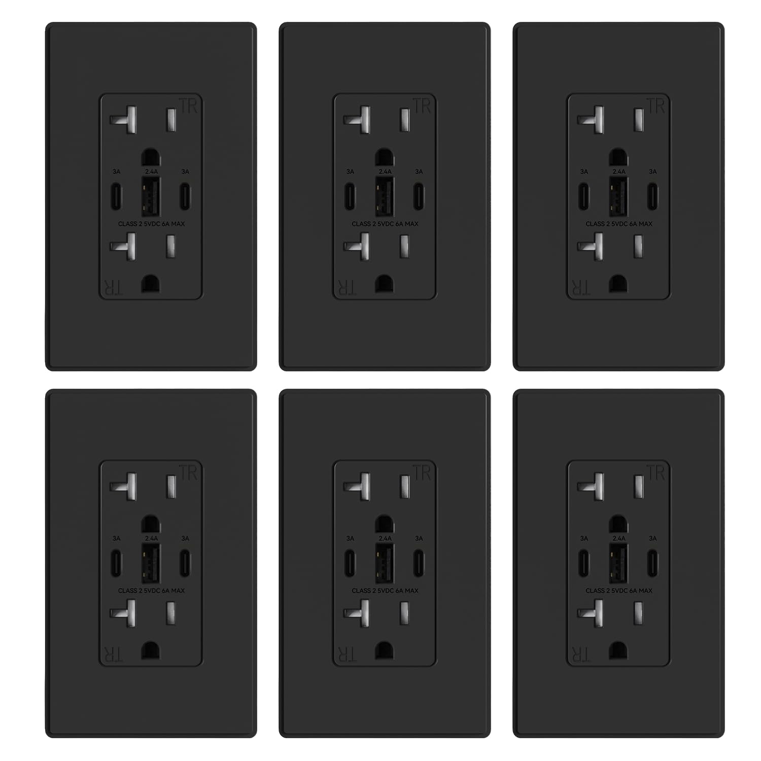 ELEGRP 30W 6.0A USB Outlets with 3-Port USB C Wall Charger - 20A Tamper-Resistant Receptacle, 2 USB C Ports, UL Listed, Includes Screwless Wall Plate (6 Pack, Matte Black) - Perfect for Home, Office & Hotel Charging Stations