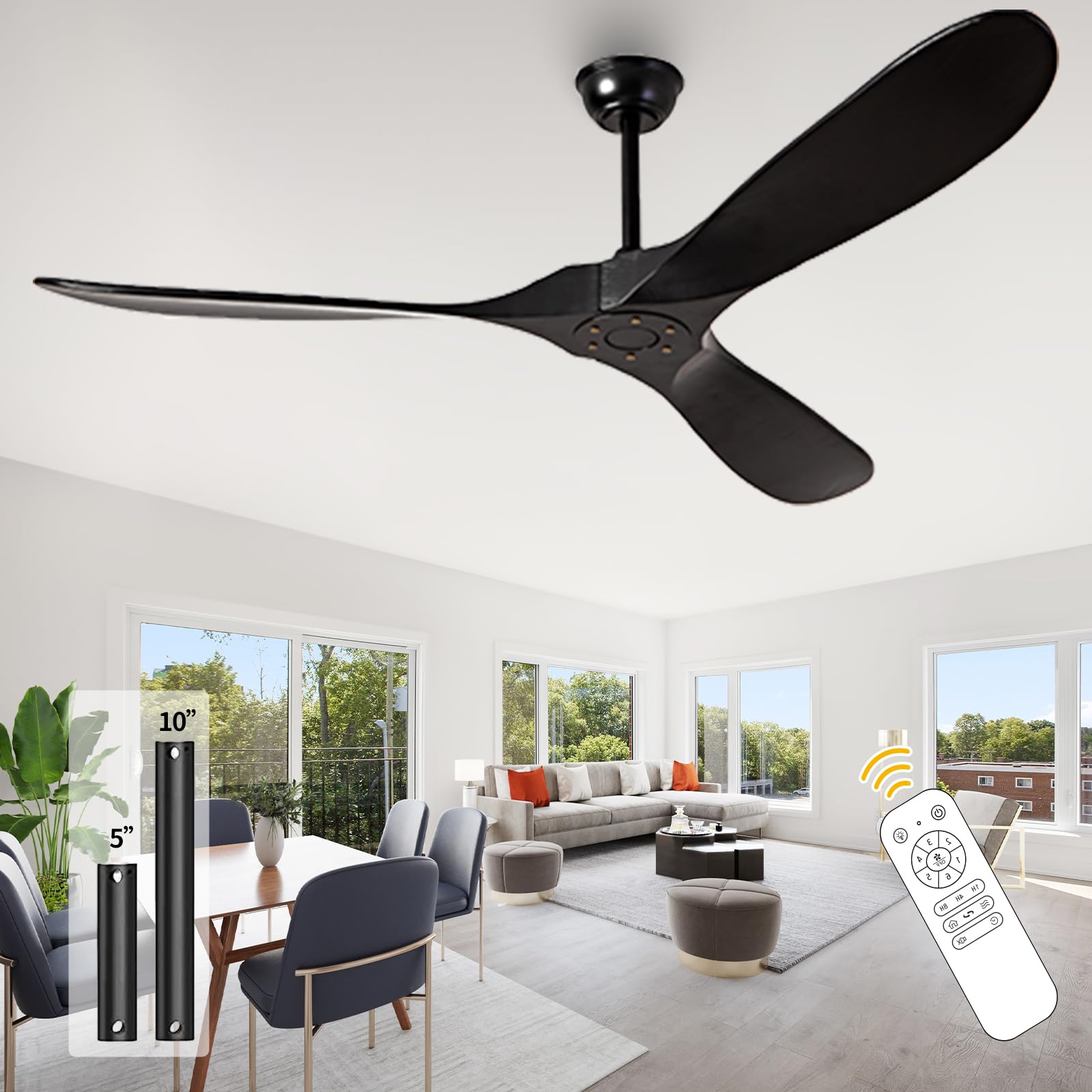 60 Inch Outdoor Solid Wood Ceiling Fan No Lights with Remote Control - Large Black Real Wood Ceiling Fan Without Lights, 3 Blades, Ultra Quiet - Perfect for Patio, Farmhouse, Living Room, Bedroom, and Office