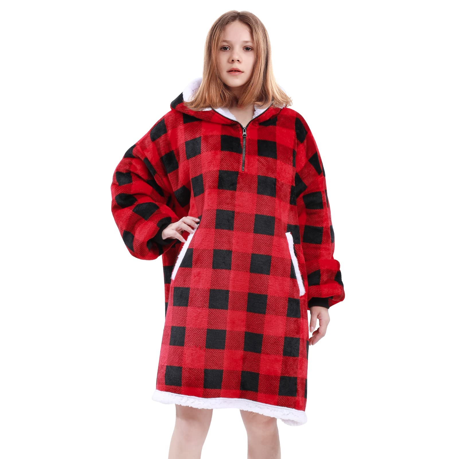 Angelhood Wearable Blanket Hoodie - Super Soft Flannel Sherpa Blanket Sweatshirt with Giant Pocket for Kids, Teens & Adults | Cozy for Movie Nights, Camping & Winter Lounging