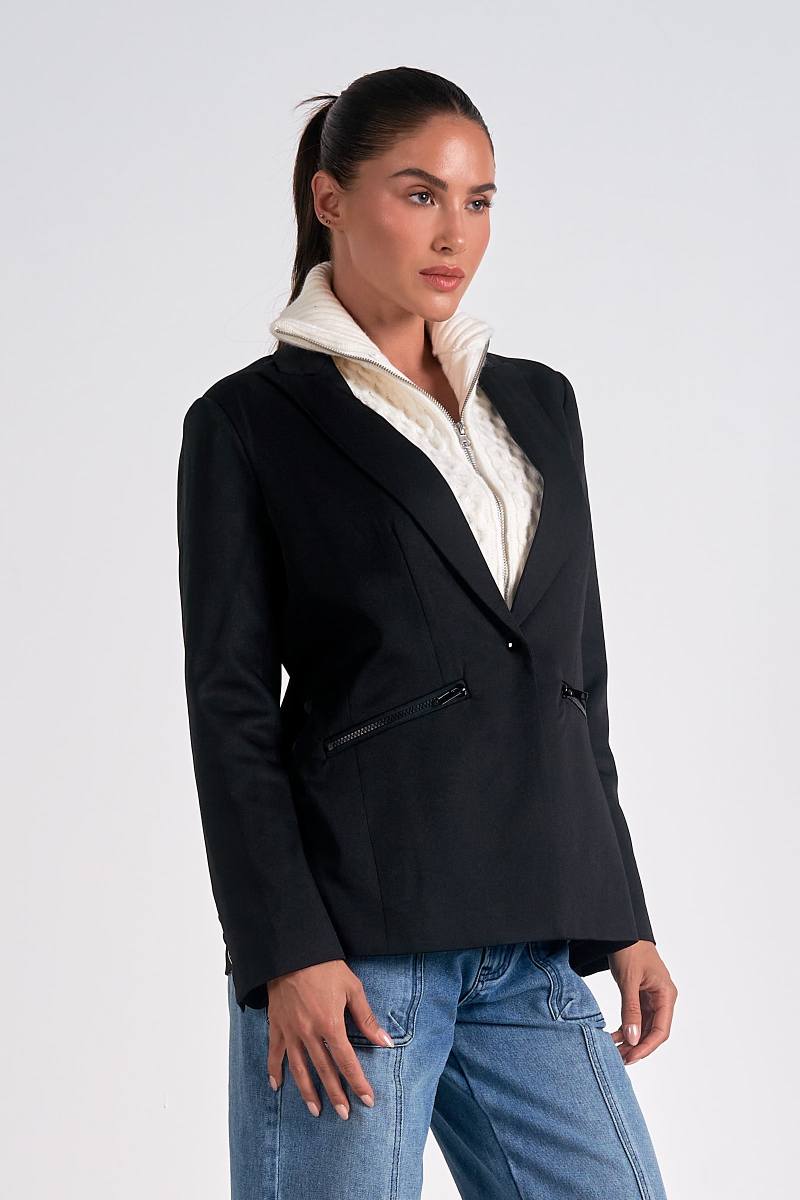 Harper Blazer Hoodie for Women - Black & Cream Zip Up Jacket with Pockets | Casual Outerwear for Work, Travel & Street Style