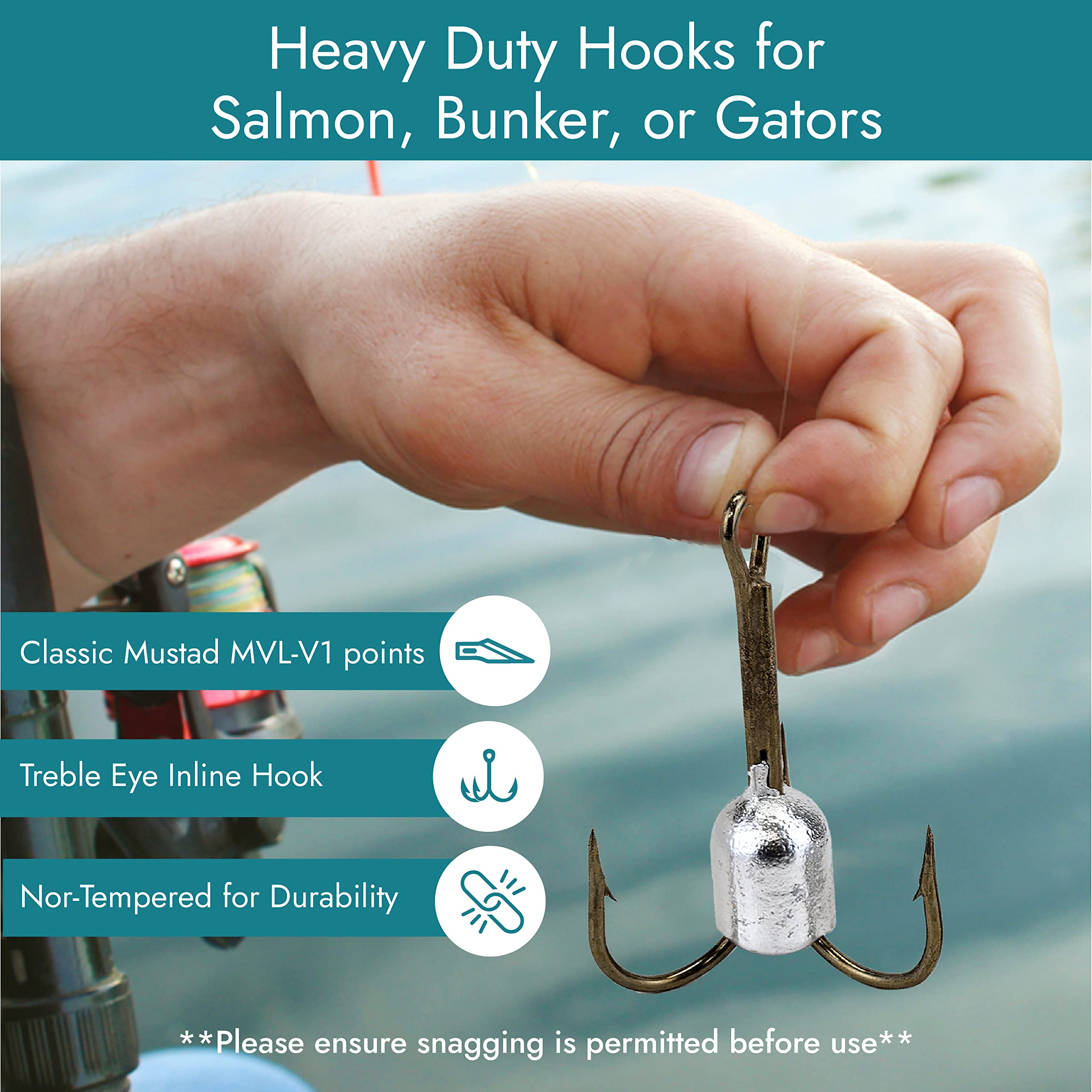 2023 New 6/0 Weighted Treble Hooks with MUSTAD Snagging Technology - Premium Salmon & Bunker Fishing Hooks for Saltwater & Freshwater Angling